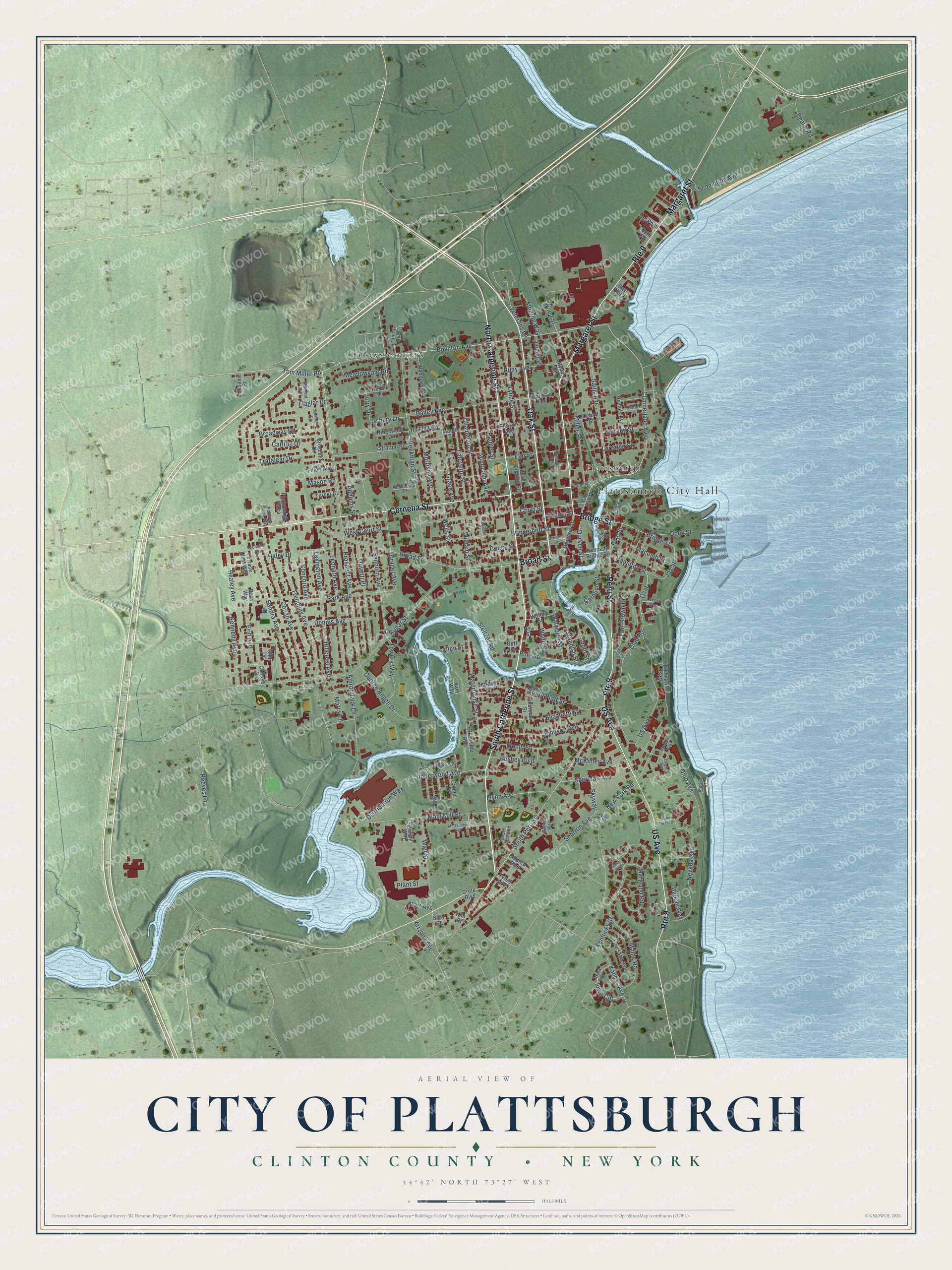 Detailed map of the City of Plattsburgh, Clinton County, New York, showing streets, buildings, and parks