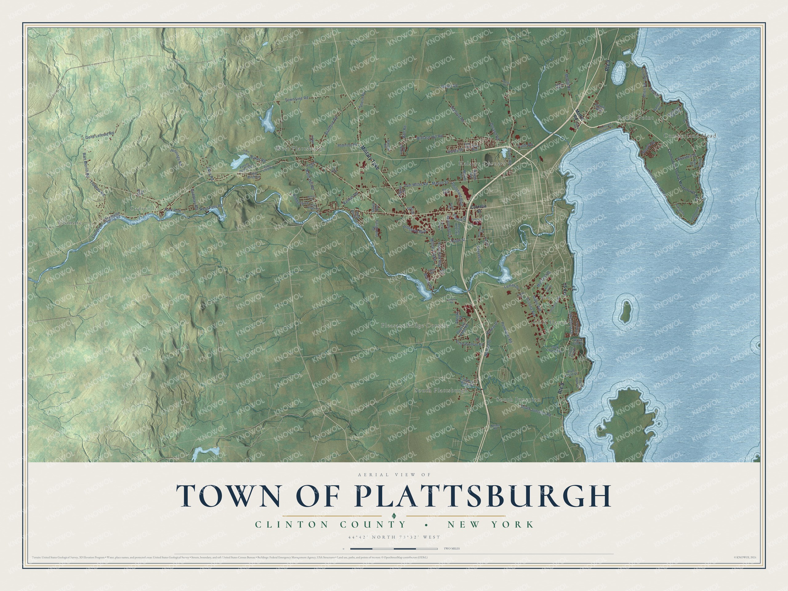 Detailed map of the Town of Plattsburgh, Clinton County, New York, showing streets, buildings, and neighborhoods