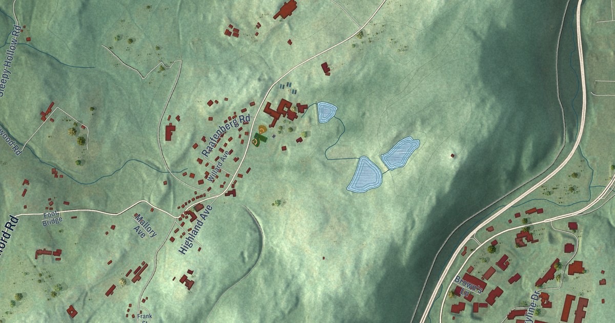 Close-up of streets and buildings in Pocantico Hills, New York