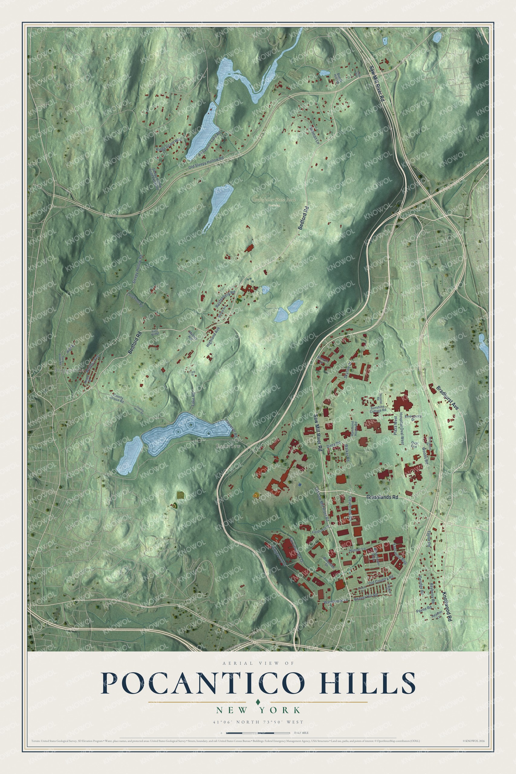 Full map of Pocantico Hills, New York, with red buildings, printed street names and the land around them