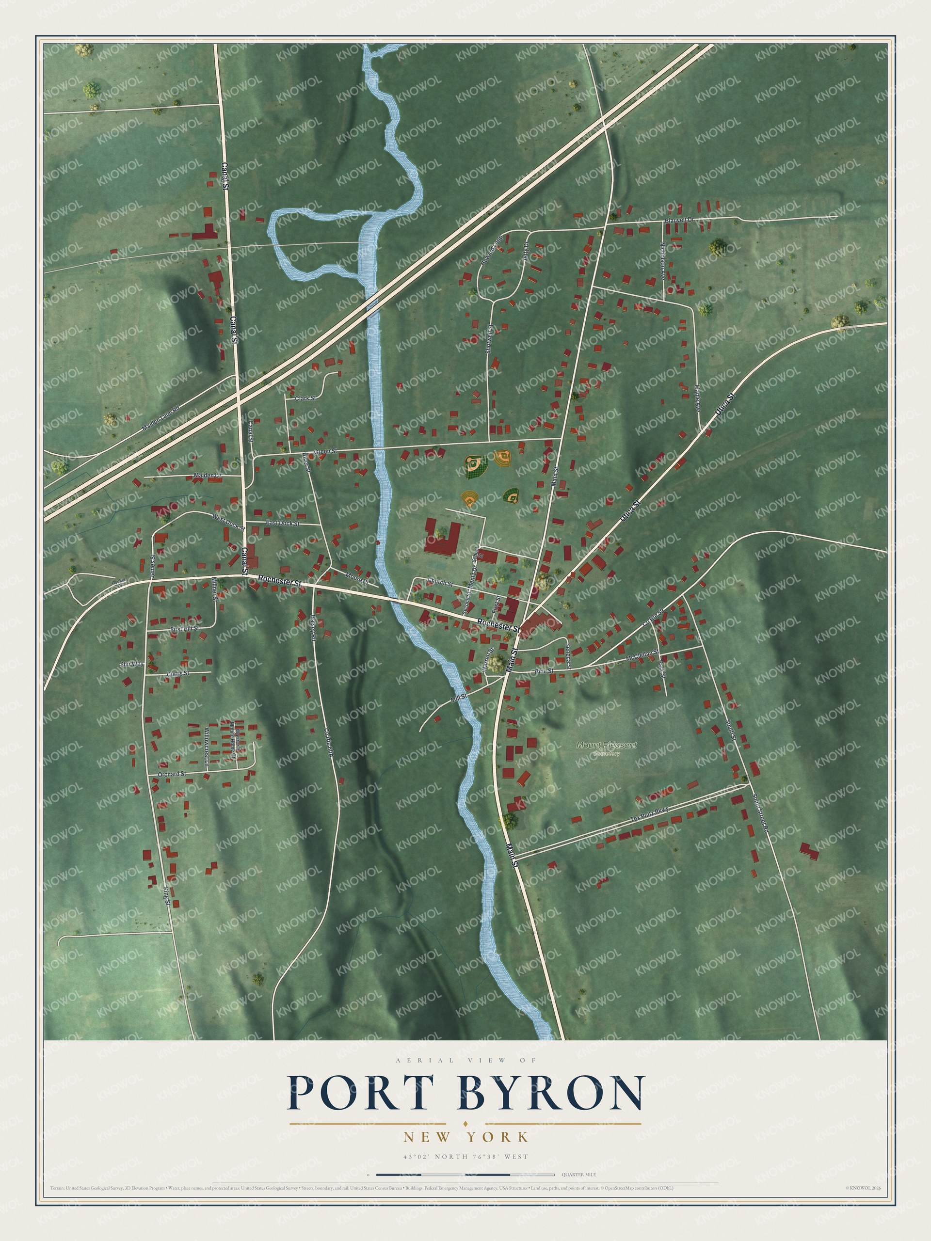Full map of Port Byron, New York, with red buildings, printed street names and the land around them