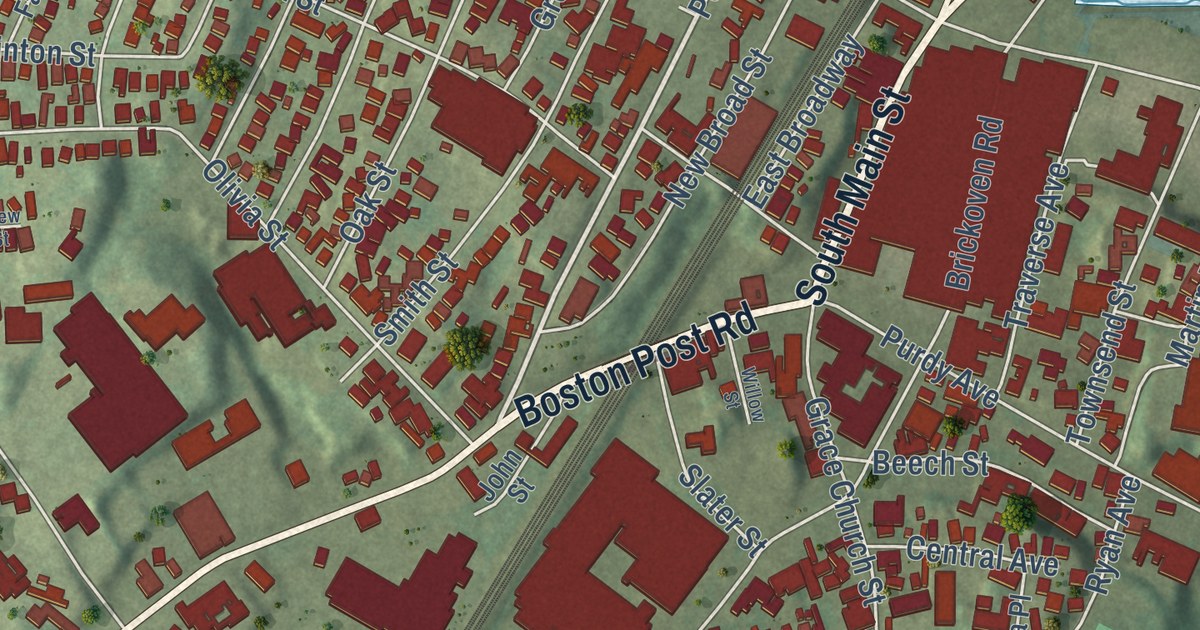 Close-up of streets and buildings in Port Chester, New York