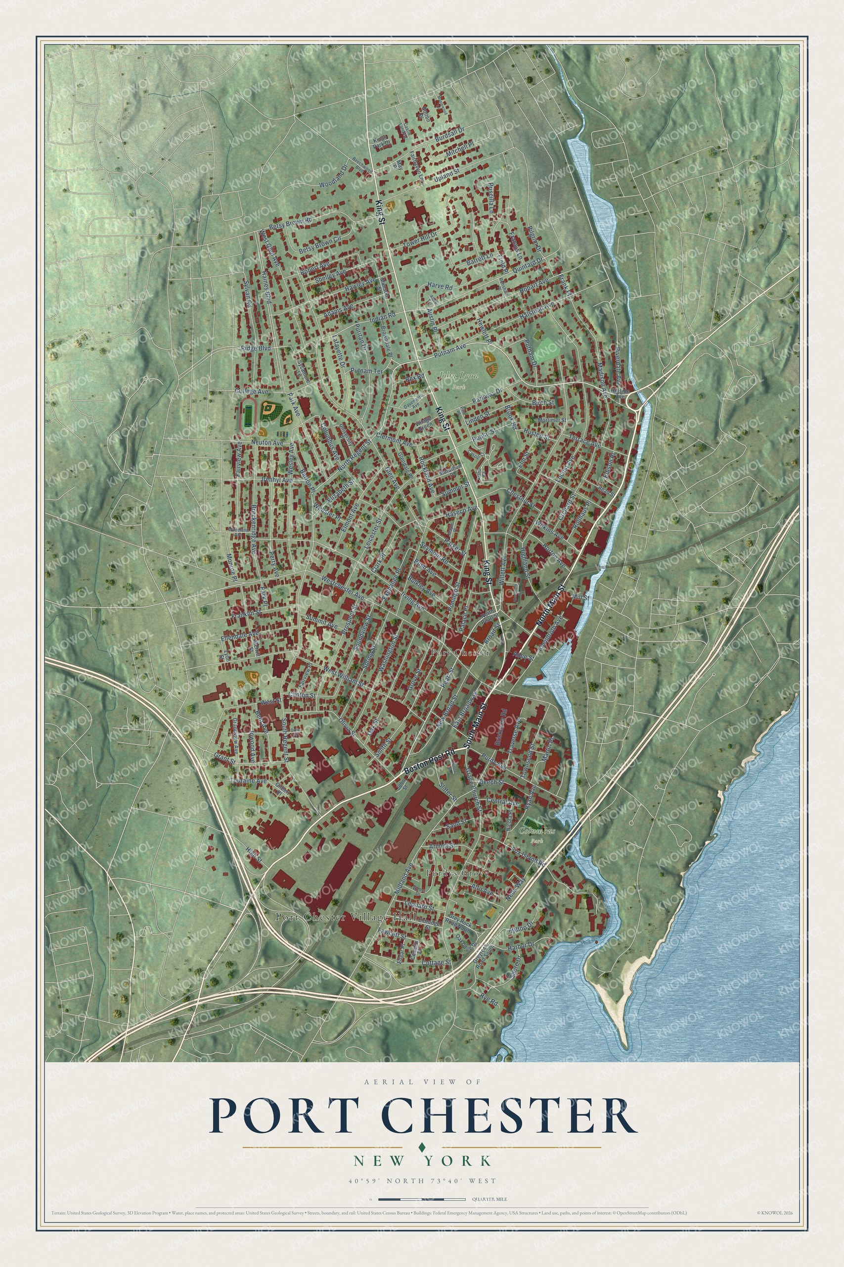 Detailed map of Port Chester, New York, showing streets, buildings, beaches, and parks
