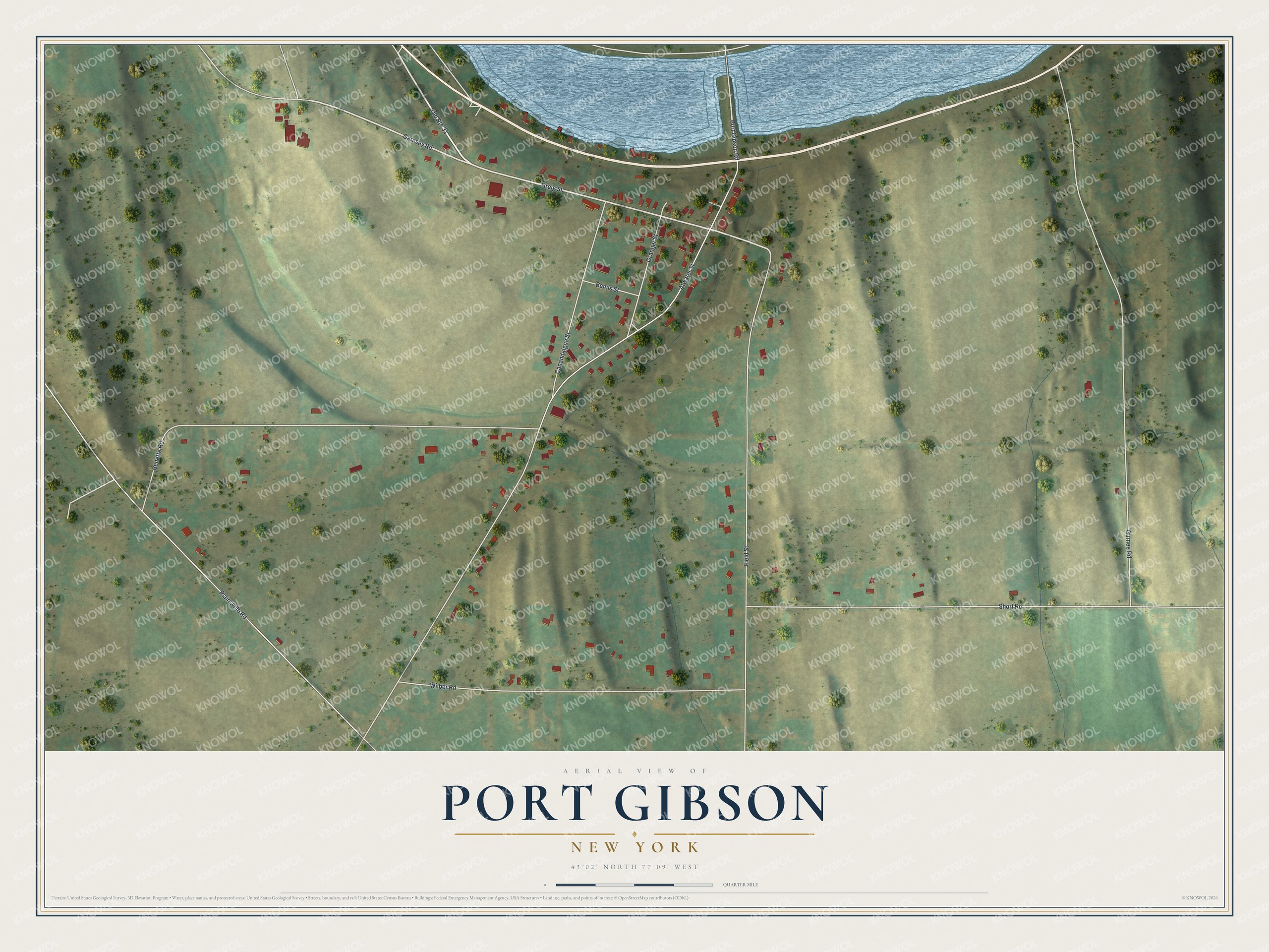 Full map of Port Gibson, New York, with red buildings, printed street names and the land around them