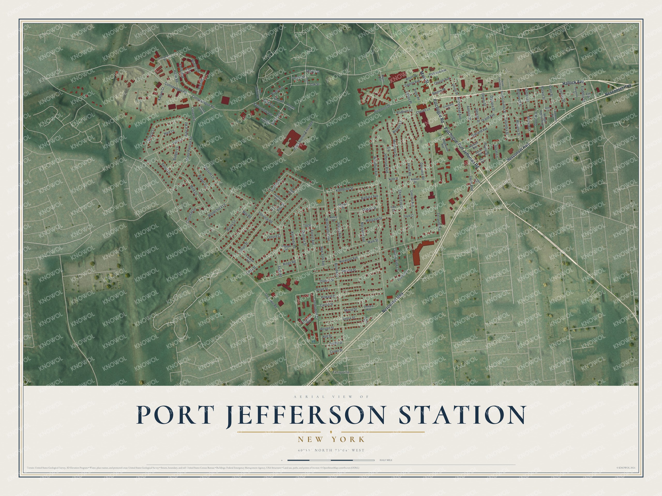 Full map of Port Jefferson Station, New York, with red buildings, printed street names and the land around them
