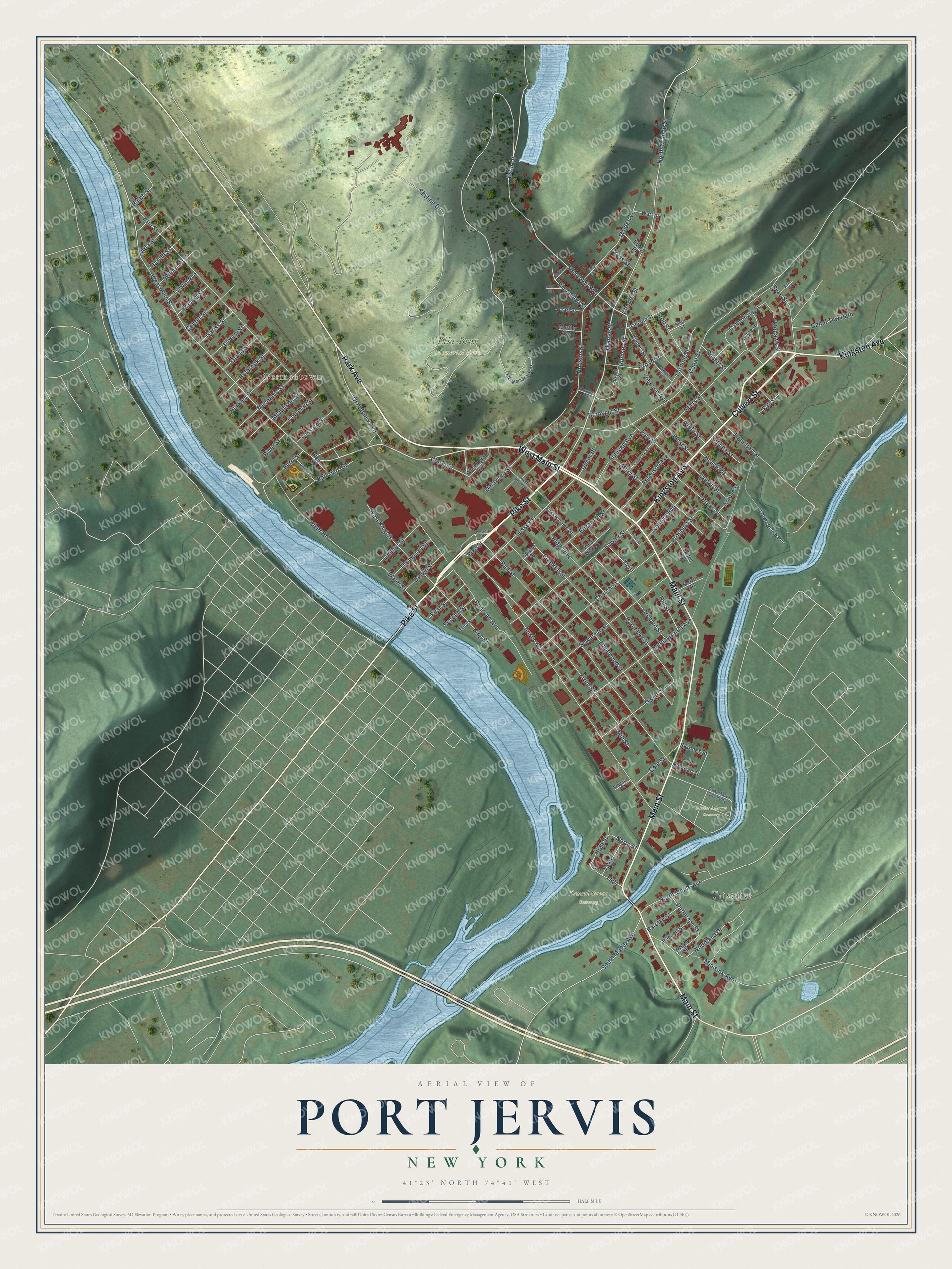 Detailed map of Port Jervis, New York, showing streets, buildings, neighborhoods, and parks