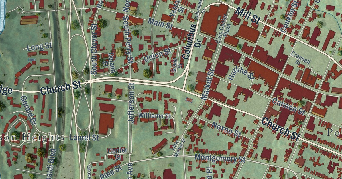 Close-up of streets and buildings in the City of Poughkeepsie, Dutchess County, New York
