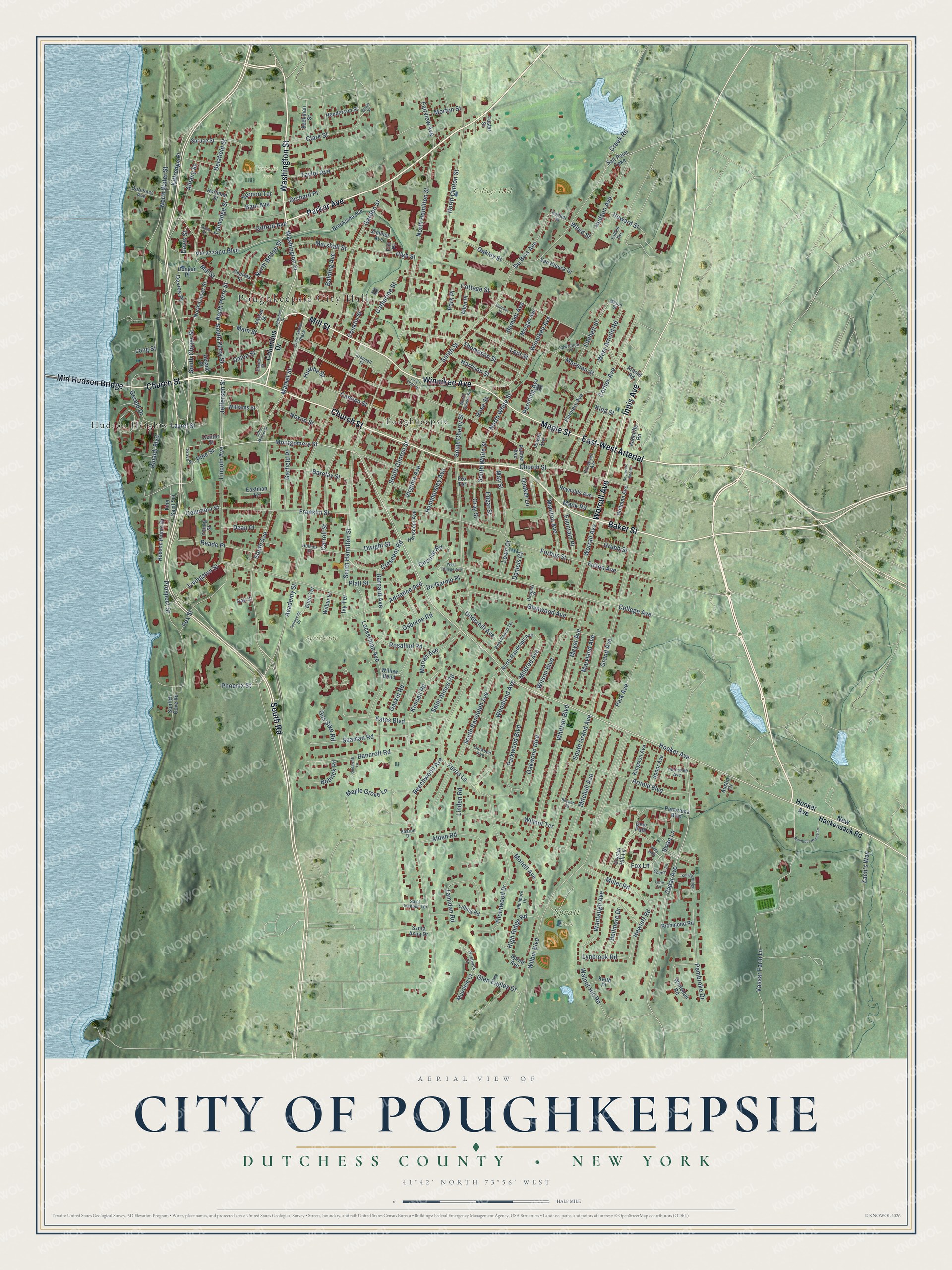 Detailed map of the City of Poughkeepsie, Dutchess County, New York, showing streets, buildings, and parks