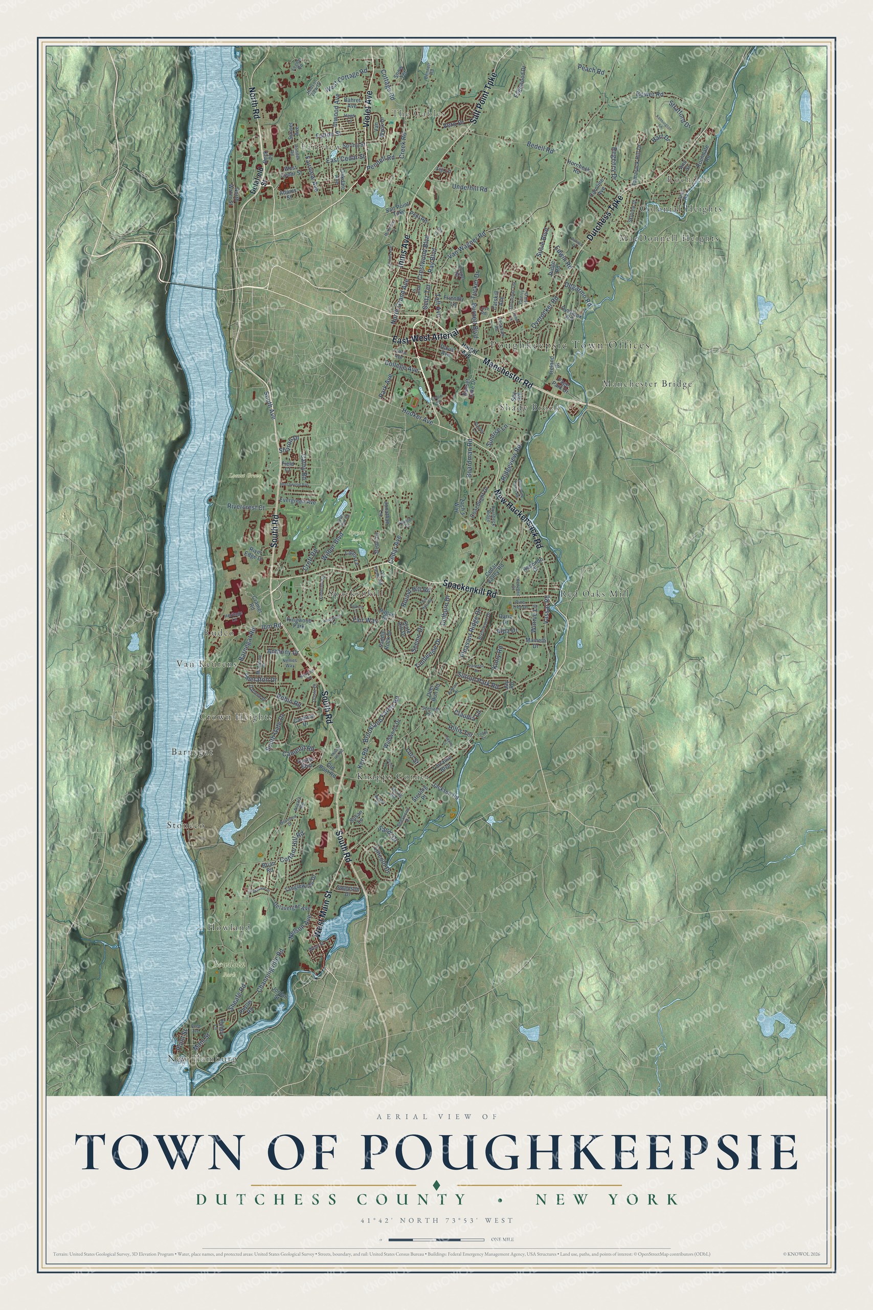 Detailed map of the Town of Poughkeepsie, Dutchess County, New York, showing streets, buildings, neighborhoods, and parks