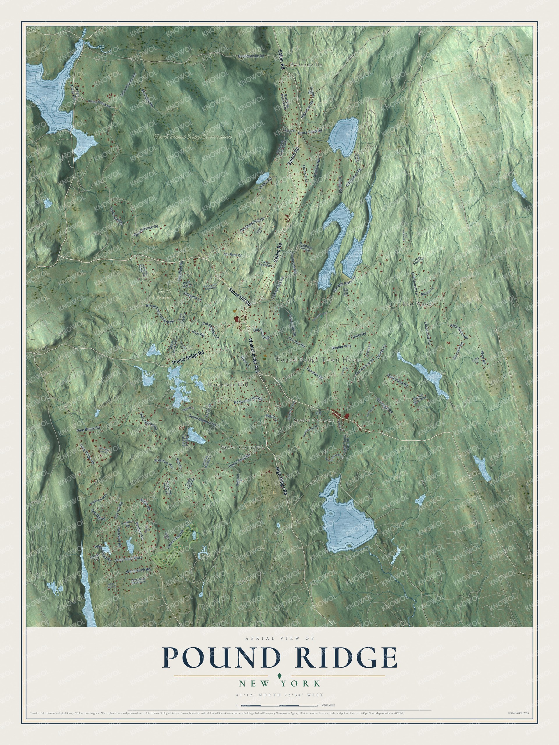 Detailed map of Pound Ridge, New York, showing streets, buildings, neighborhoods, and parks
