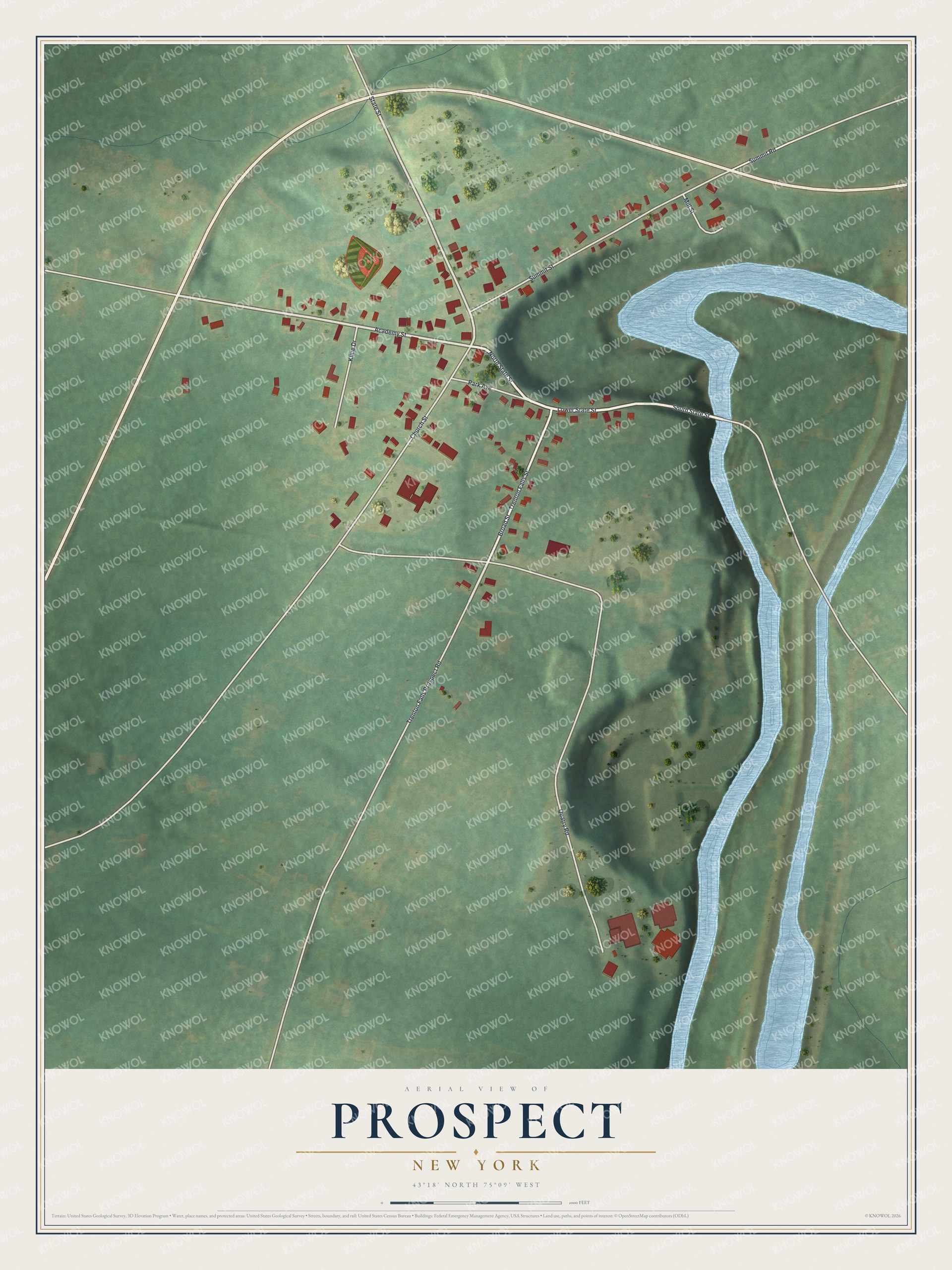 Full map of Prospect, New York, with red buildings, printed street names and the land around them