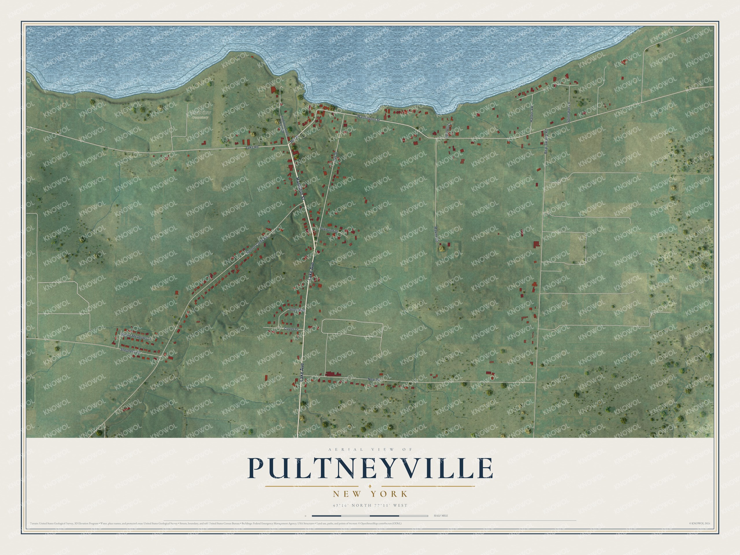 Full map of Pultneyville, New York, with red buildings, printed street names and the land around them
