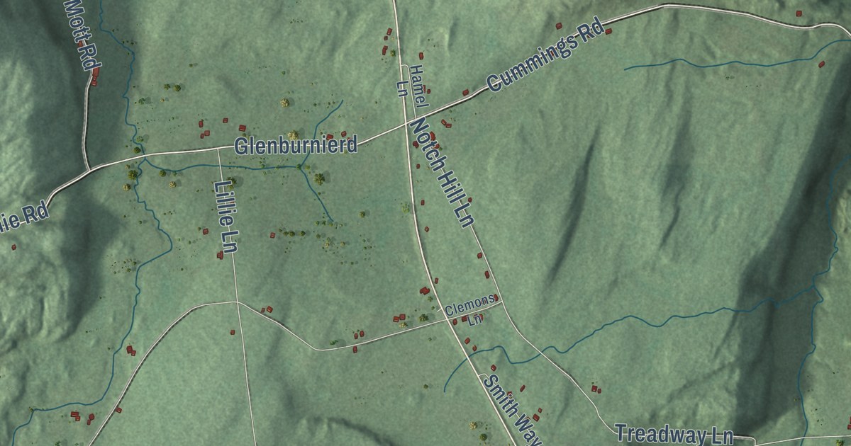Close-up of streets and buildings in Putnam, New York