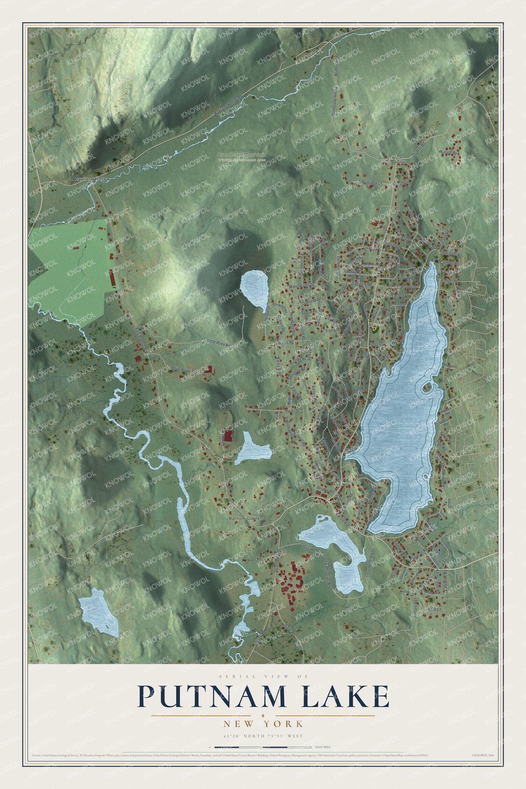 Full map of Putnam Lake, New York, with red buildings, printed street names and the land around them