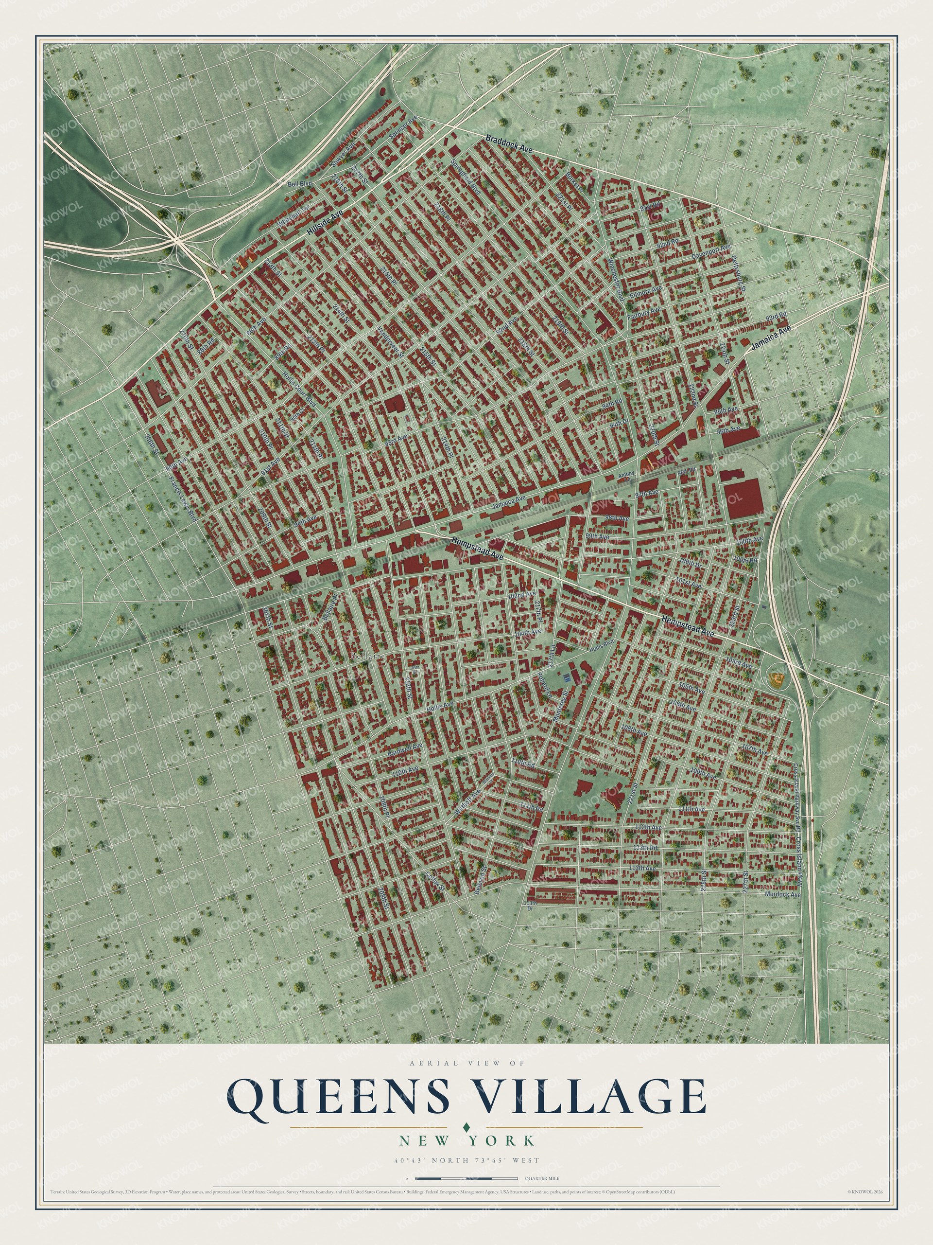 Full map of Queens Village, New York, with red buildings, printed street names and the land around them