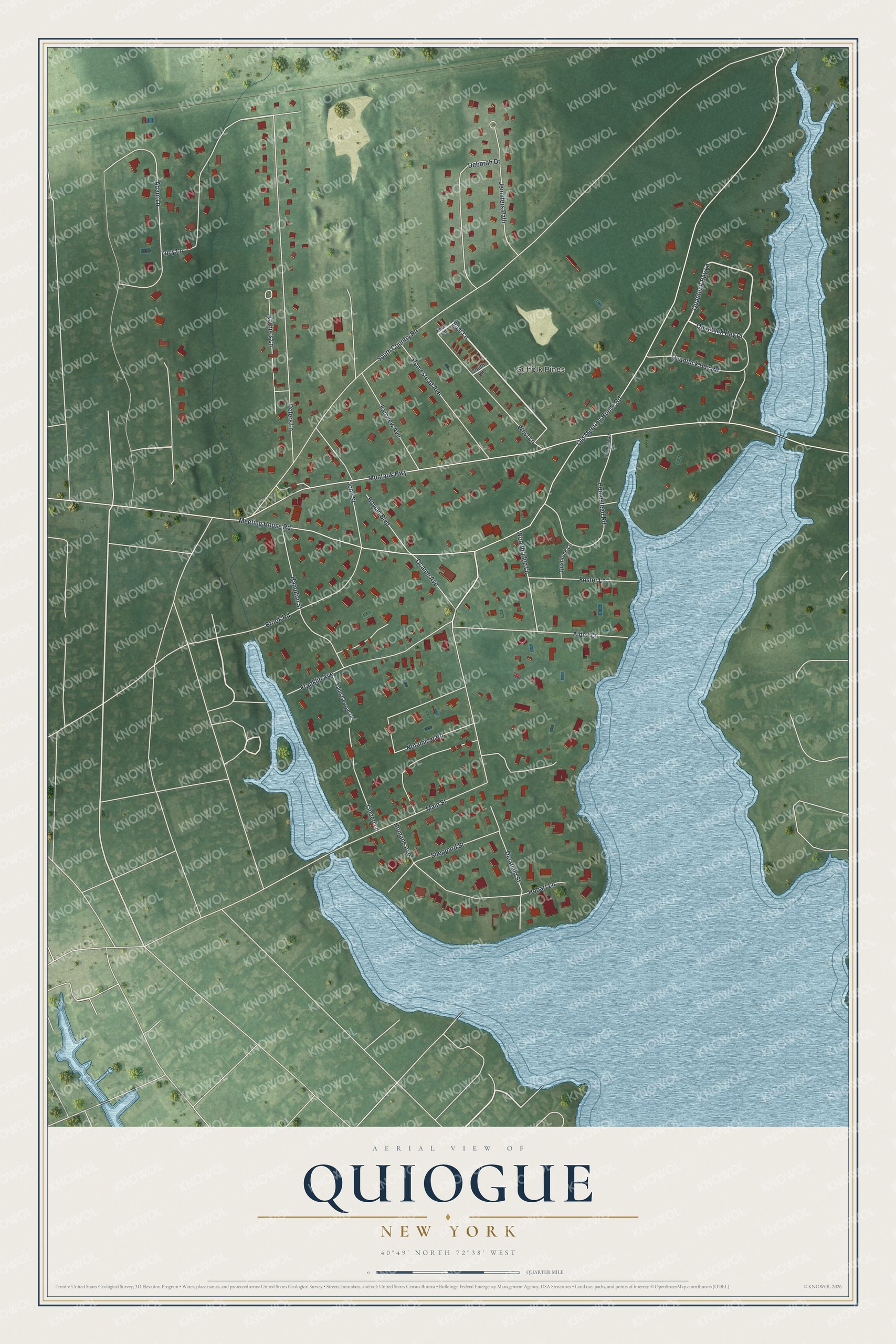 Full map of Quiogue, New York, with red buildings, printed street names and the land around them