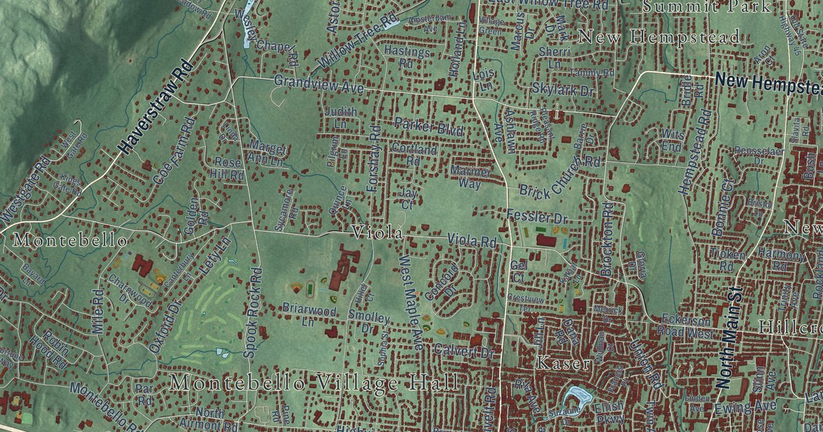 Close-up of streets and buildings in Ramapo, New York