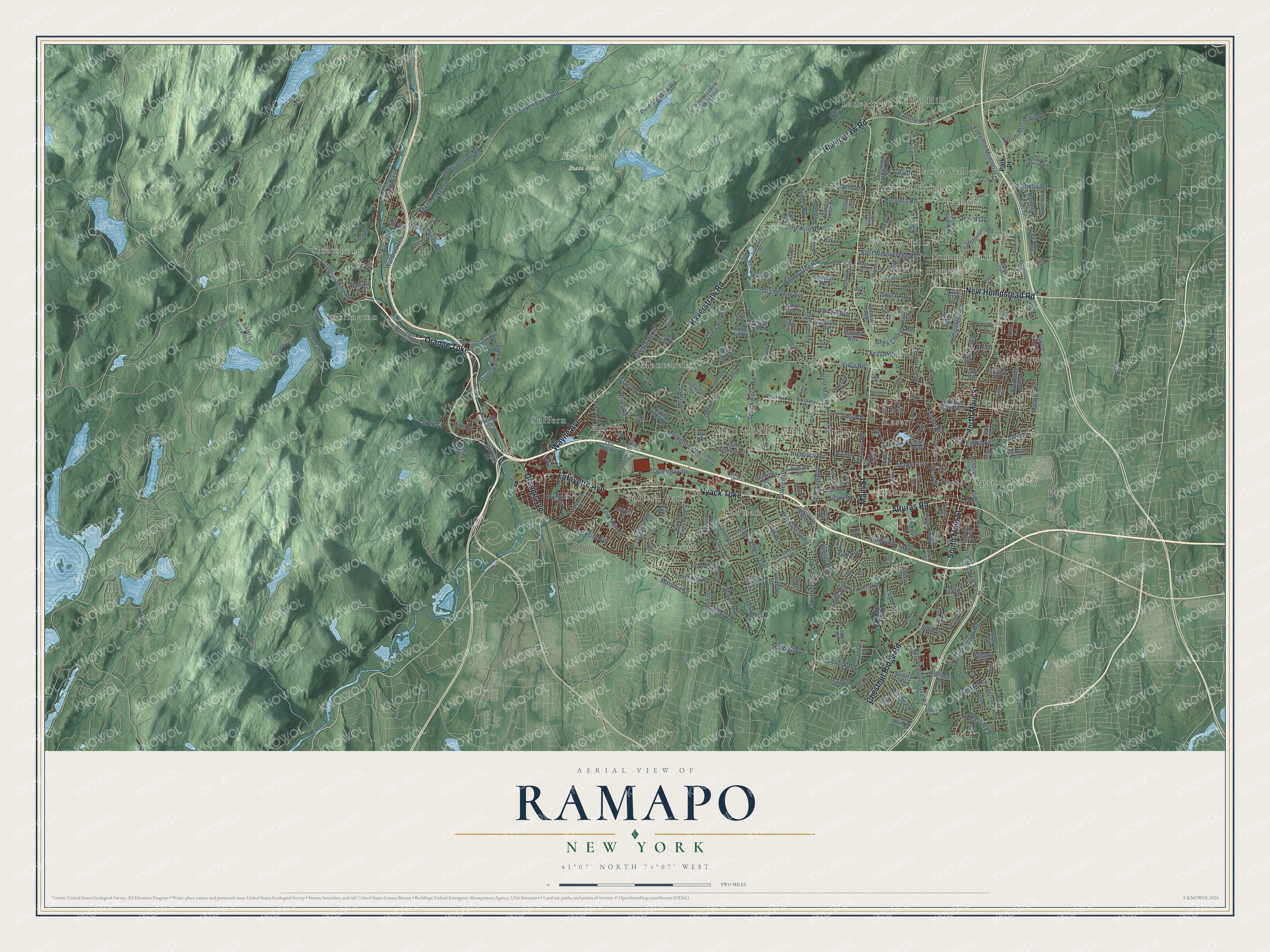 Detailed map of Ramapo, New York, showing streets, buildings, neighborhoods, and parks