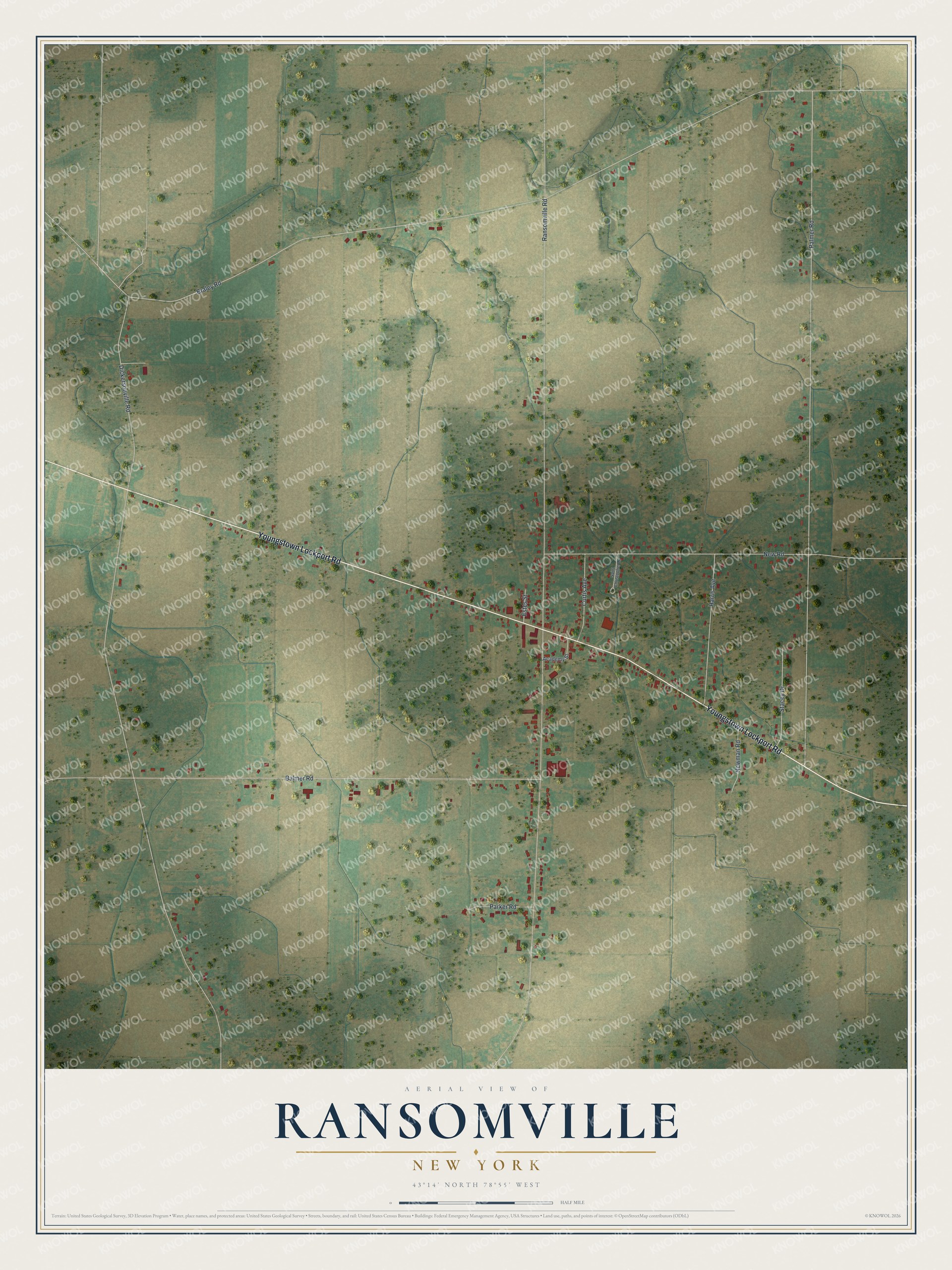 Full map of Ransomville, New York, with red buildings, printed street names and the land around them