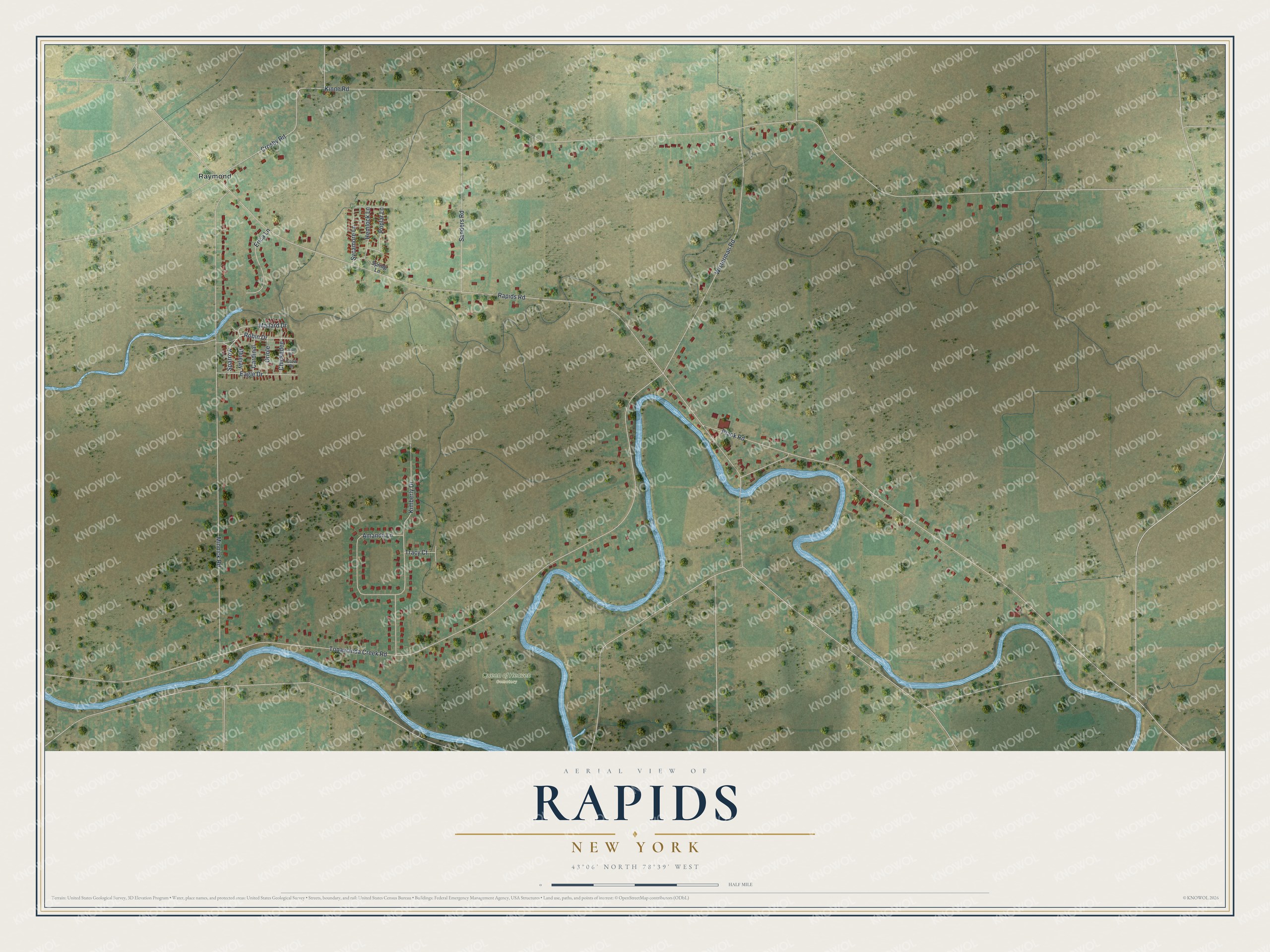 Full map of Rapids, New York, with red buildings, printed street names and the land around them
