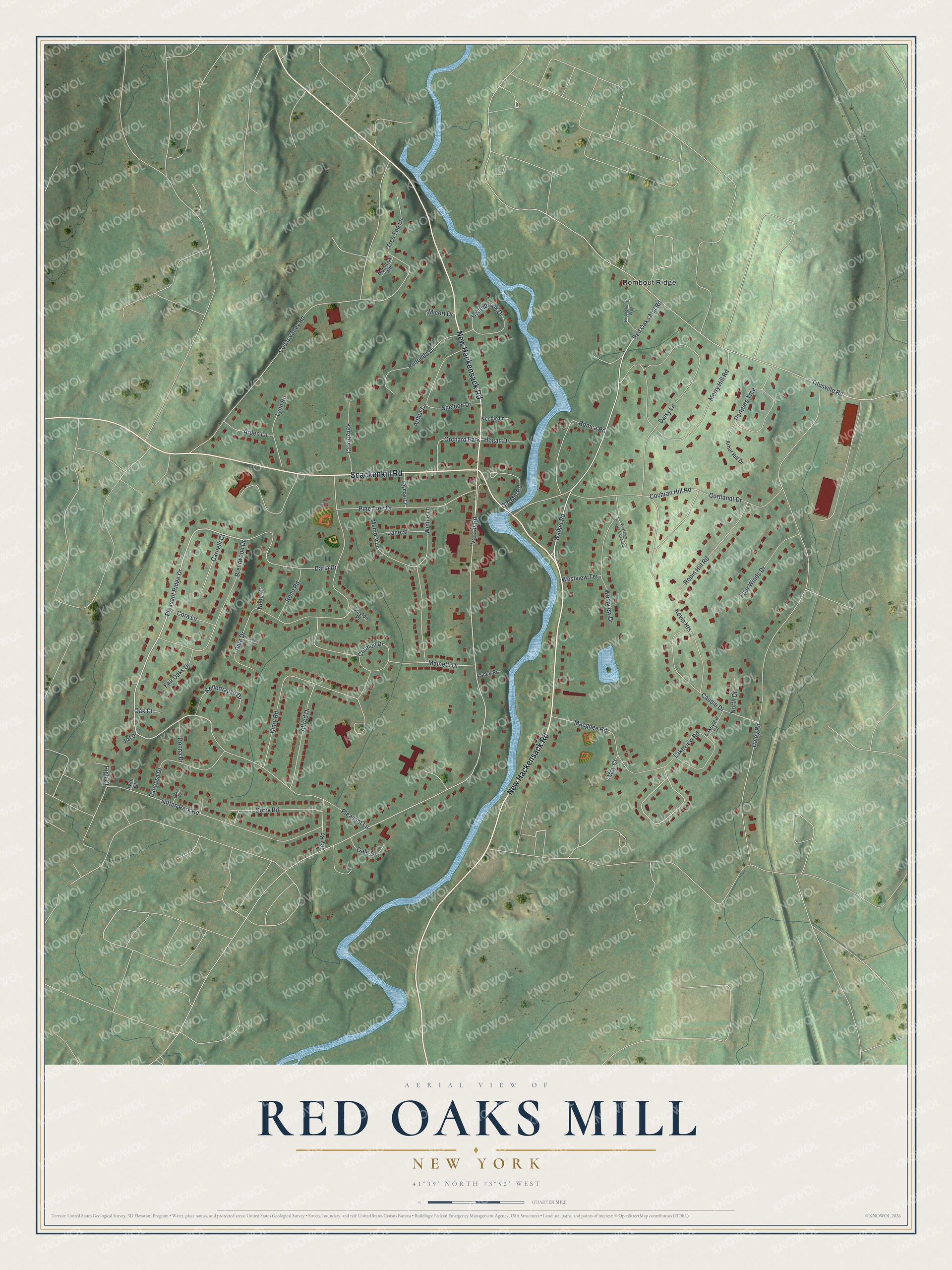 Full map of Red Oaks Mill, New York, with red buildings, printed street names and the land around them