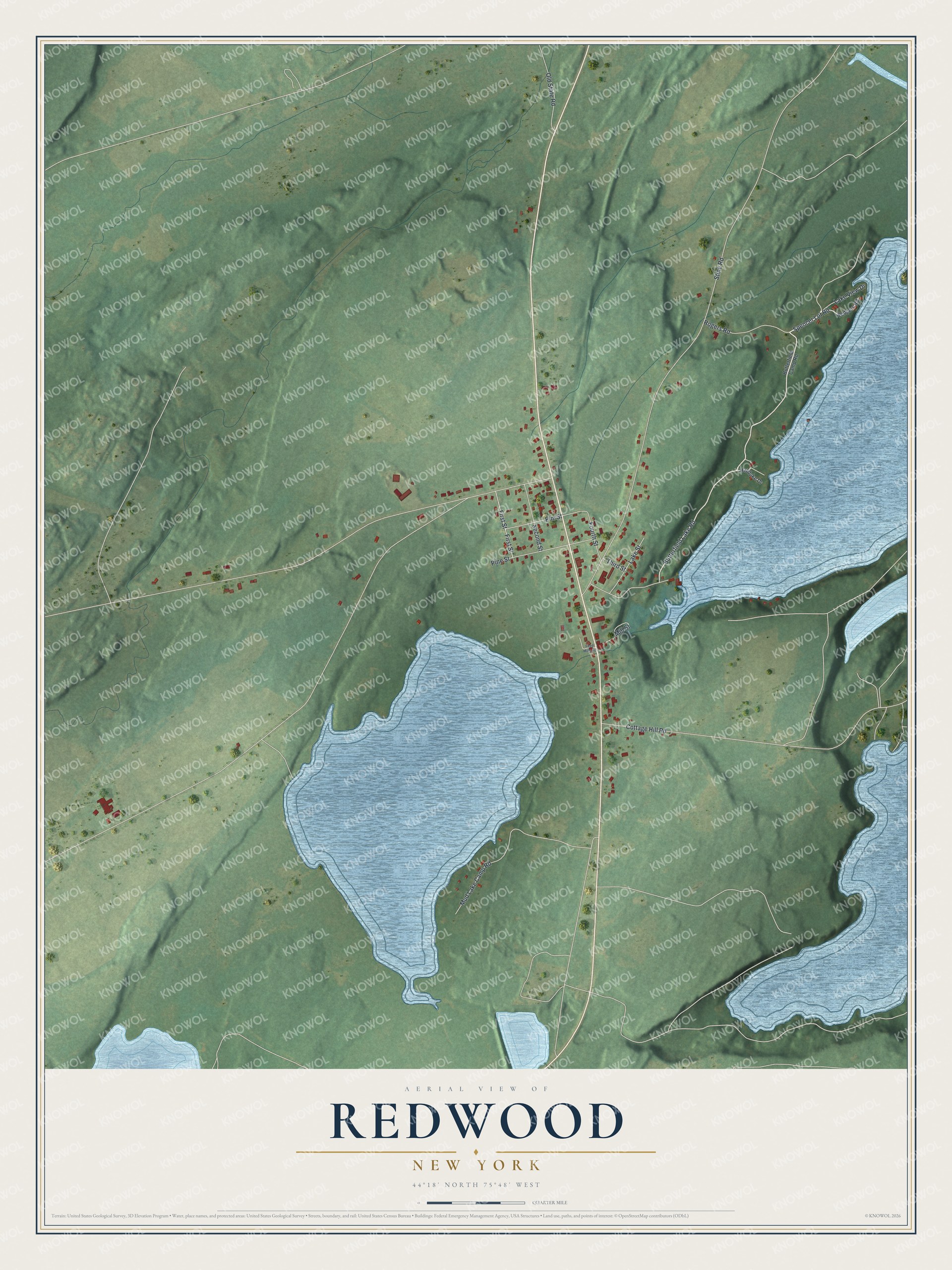 Full map of Redwood, New York, with red buildings, printed street names and the land around them