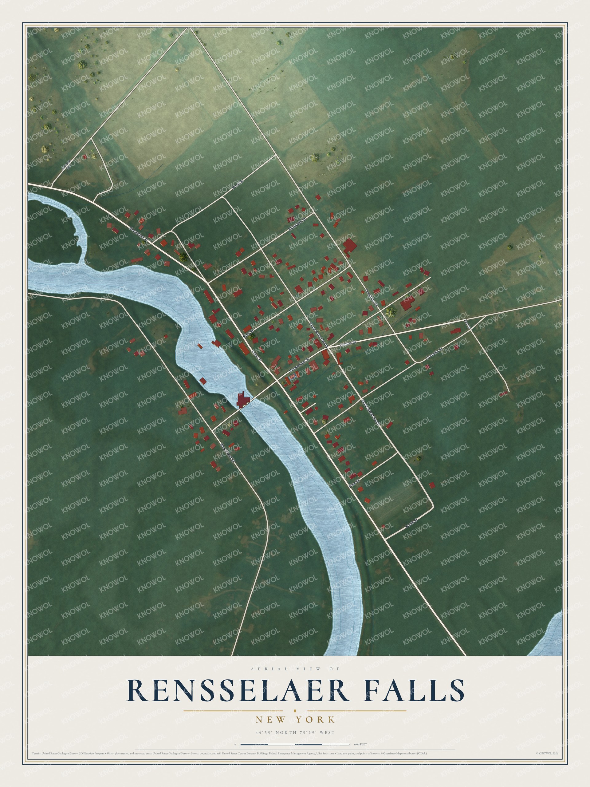 Full map of Rensselaer Falls, New York, with red buildings, printed street names and the land around them