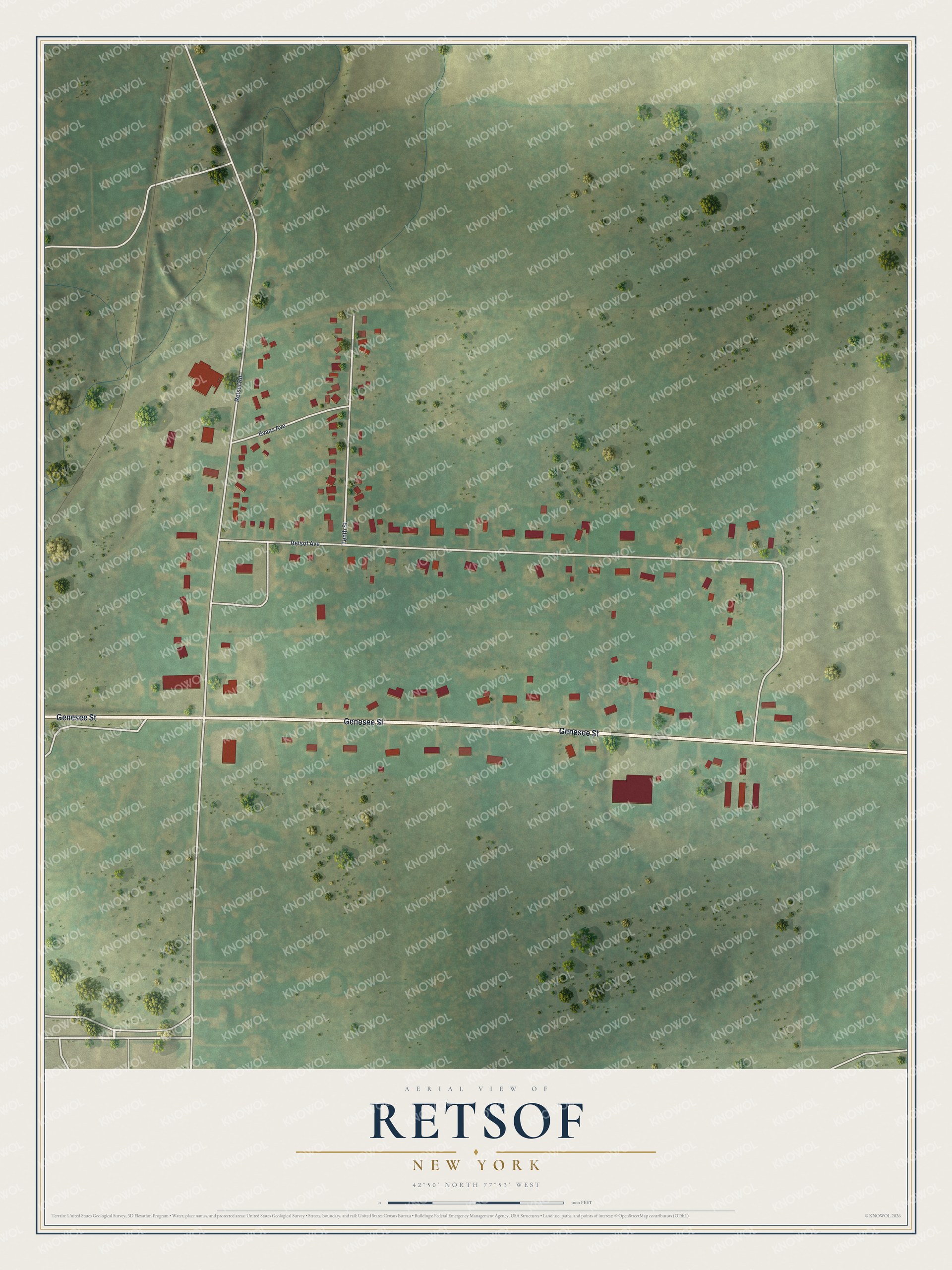 Full map of Retsof, New York, with red buildings, printed street names and the land around them