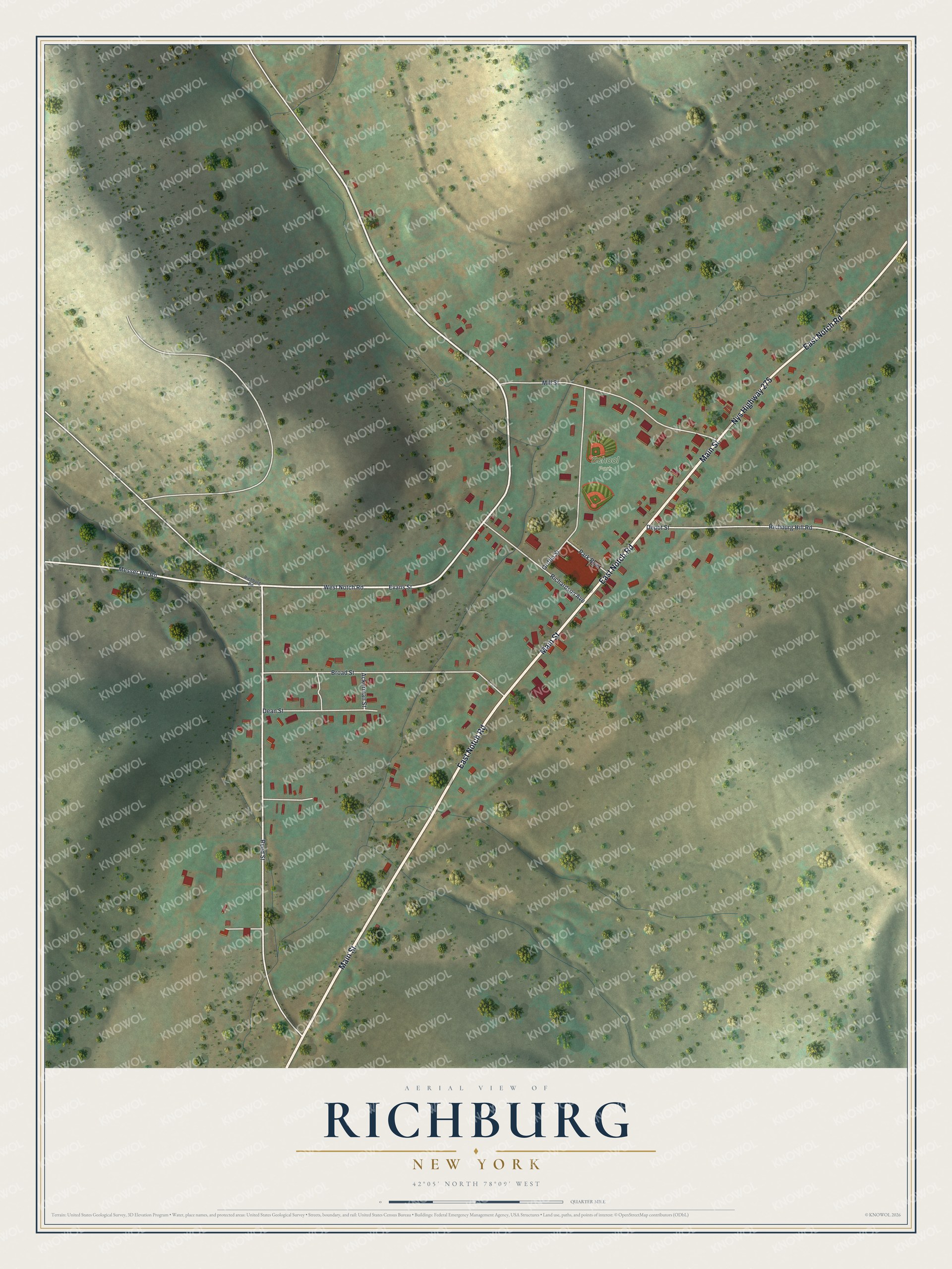 Full map of Richburg, New York, with red buildings, printed street names and the land around them