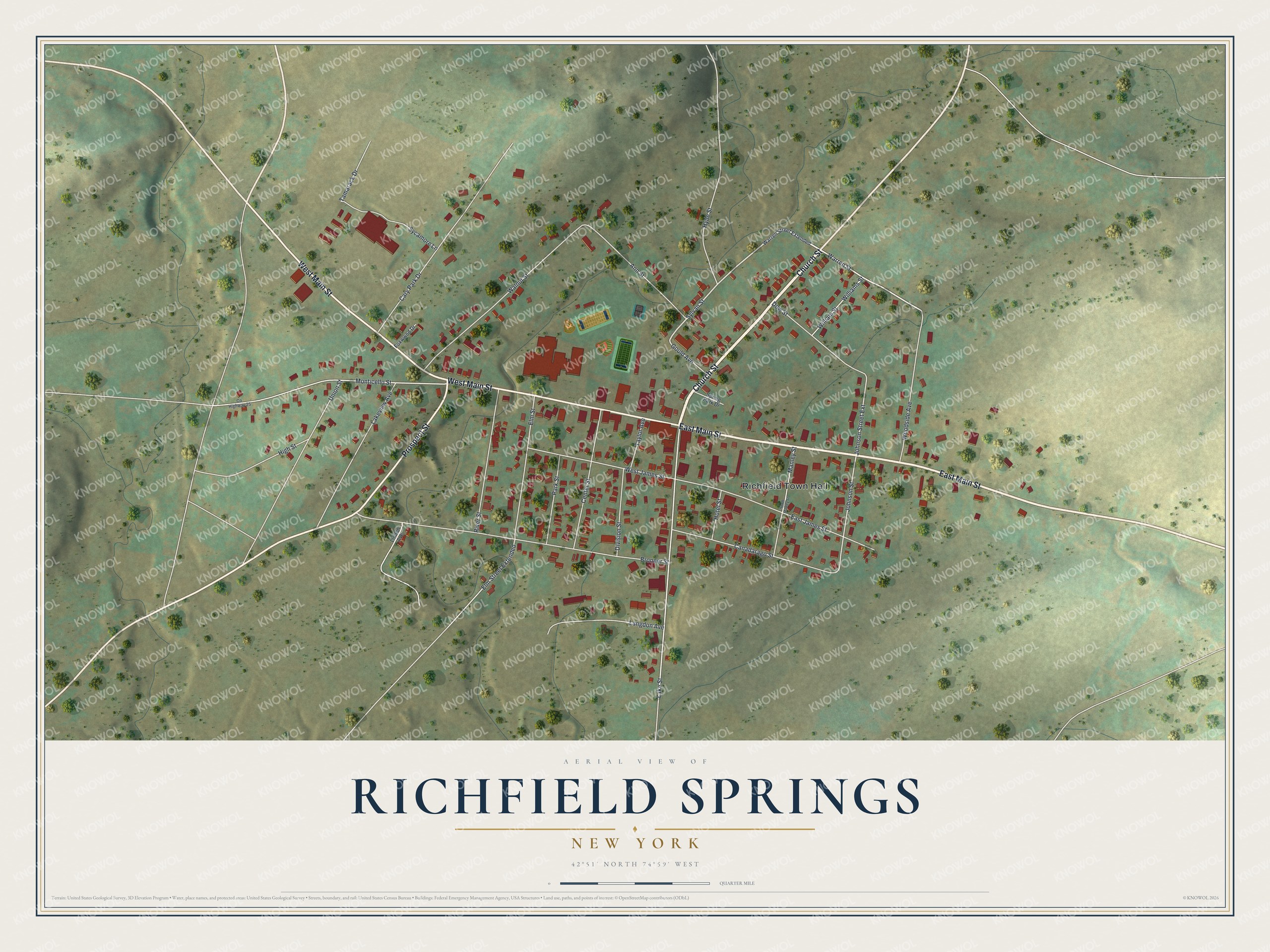 Full map of Richfield Springs, New York, with red buildings, printed street names and the land around them