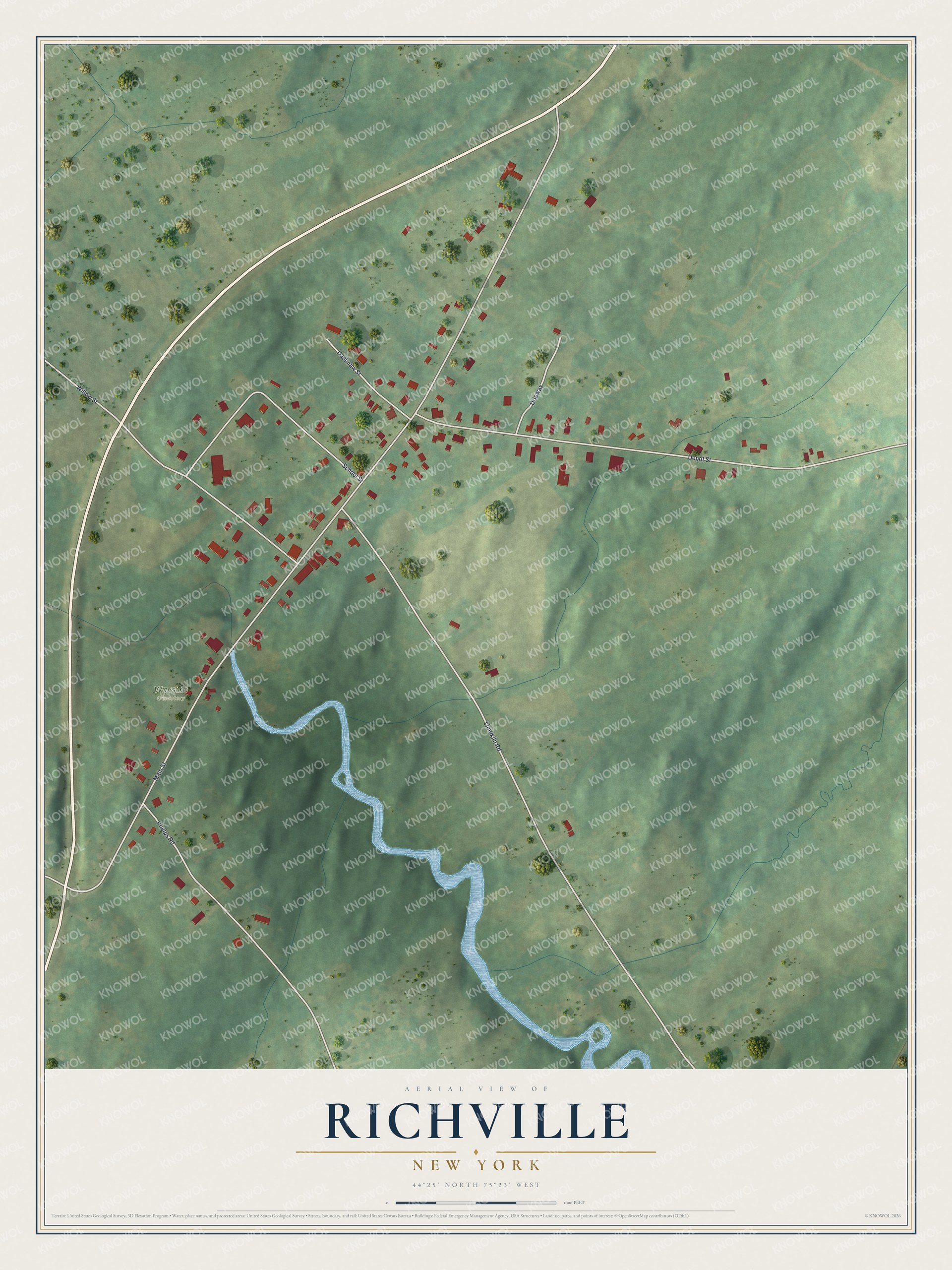 Full map of Richville, New York, with red buildings, printed street names and the land around them