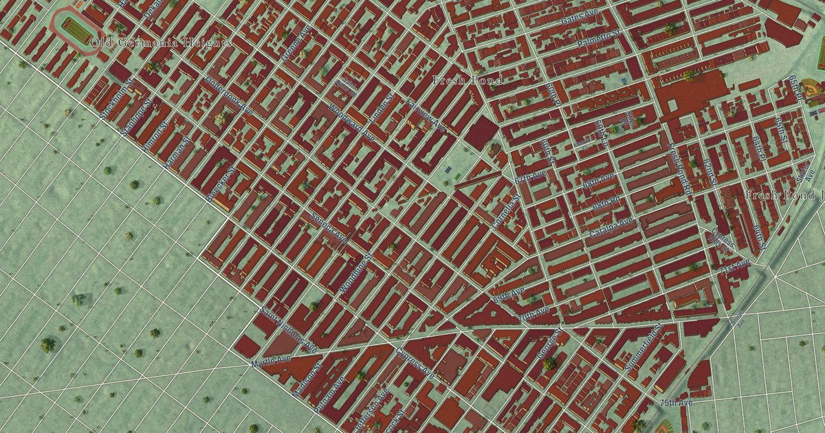 Close-up of streets and buildings in Ridgewood, New York