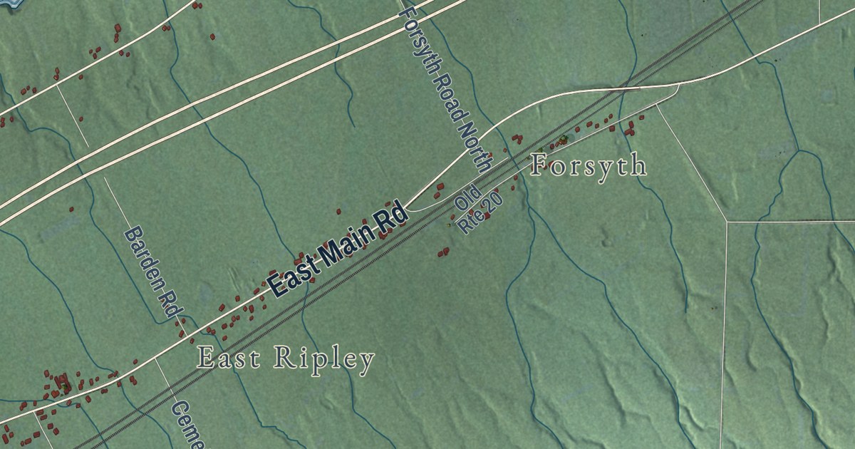 Close-up of streets and buildings in Ripley, New York