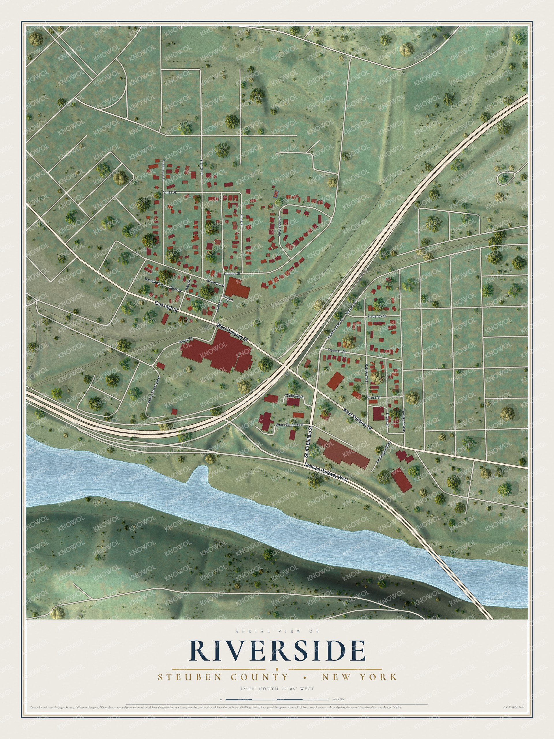 Full map of Riverside, New York, with red buildings, printed street names and the land around them