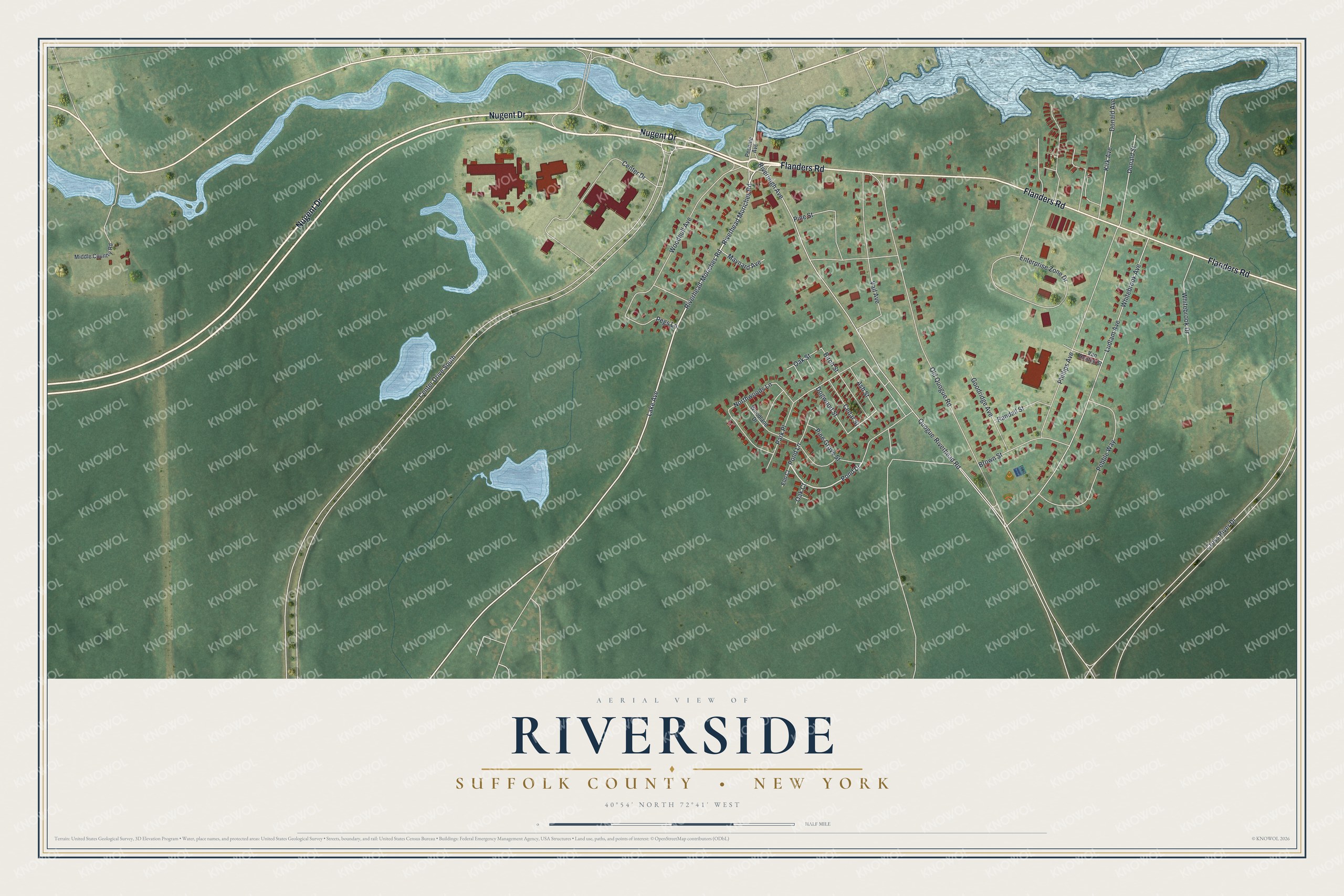 Full map of Riverside, New York, with red buildings, printed street names and the land around them