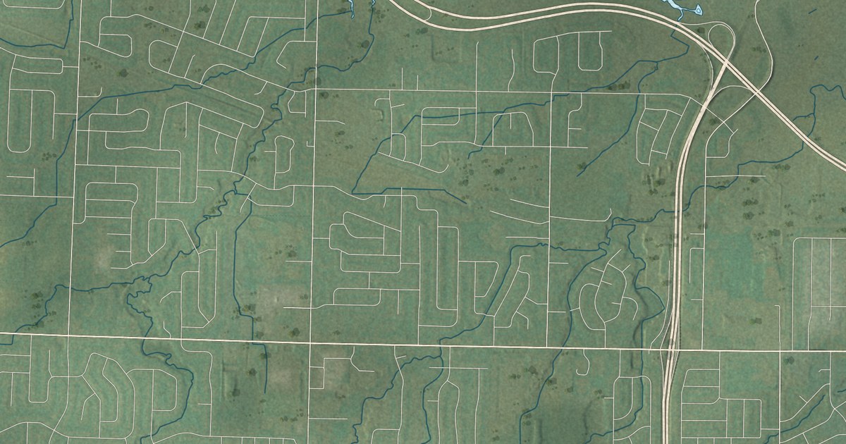 Close-up of streets and buildings in Rochester, Monroe County, New York