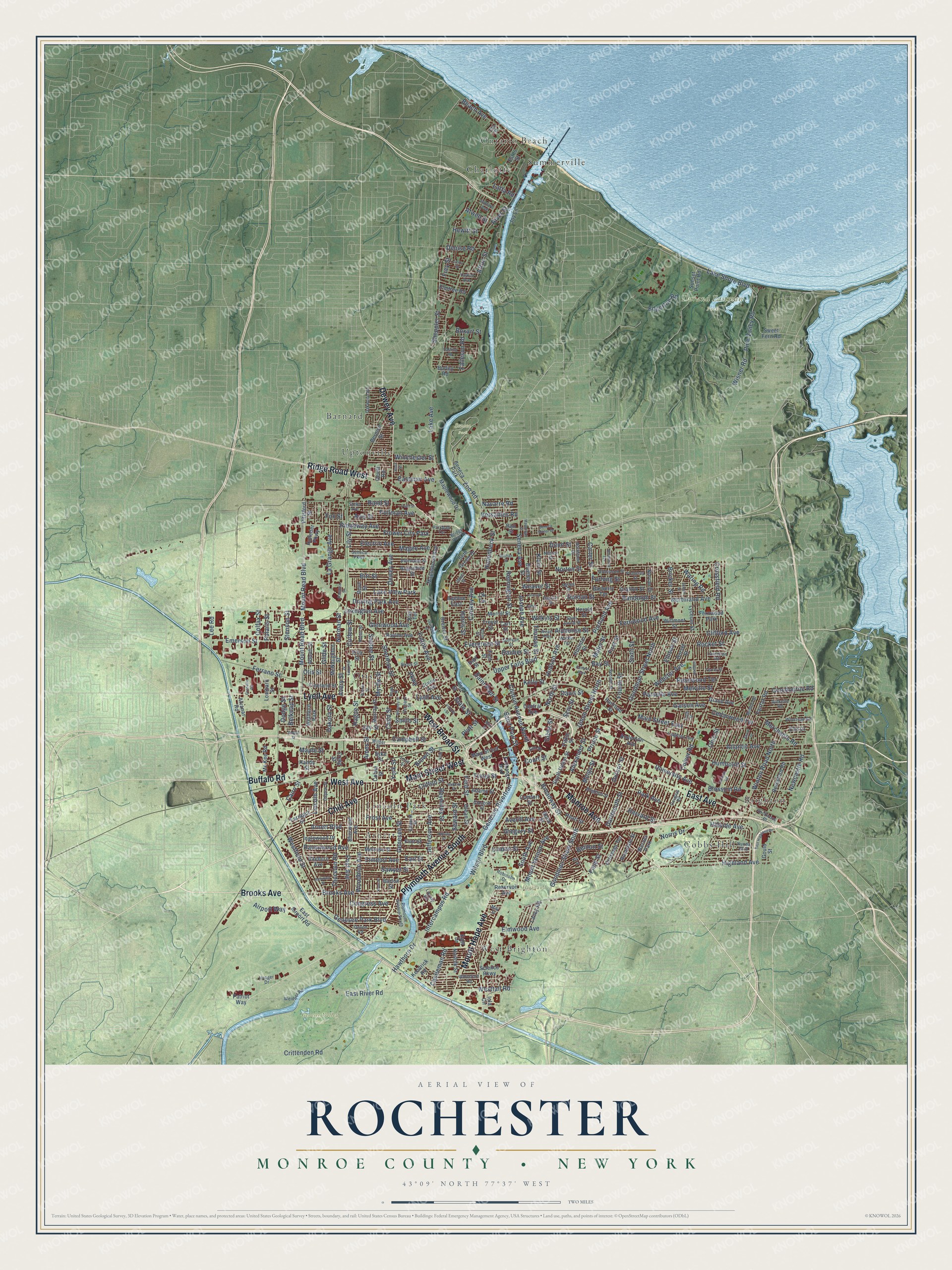 Map of Rochester, New York, from Ontario Beach and Charlotte on the lake down to Mount Hope Cemetery and Highland Park