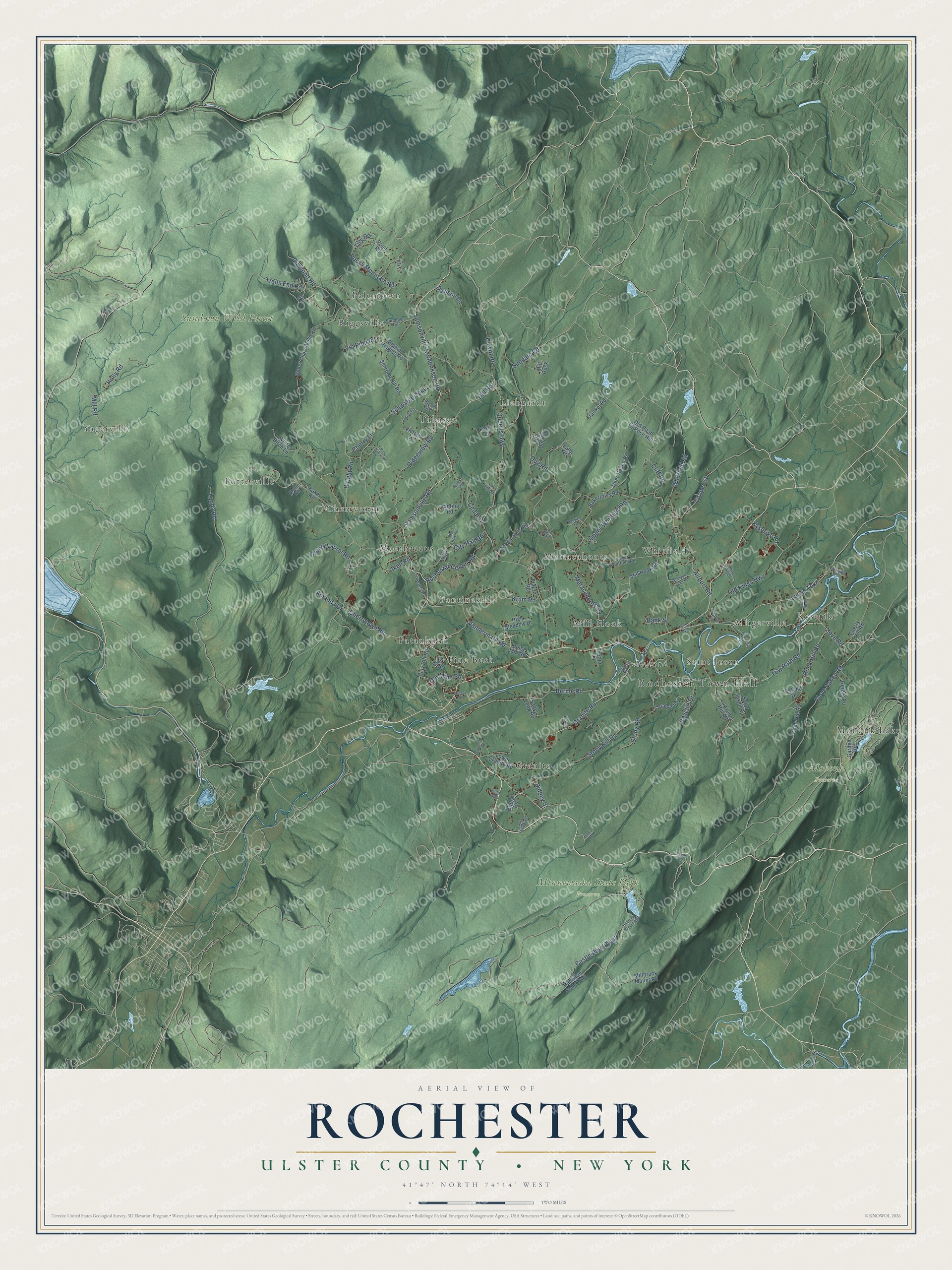 Detailed map of Rochester, Ulster County, New York, showing streets, buildings, neighborhoods, and parks