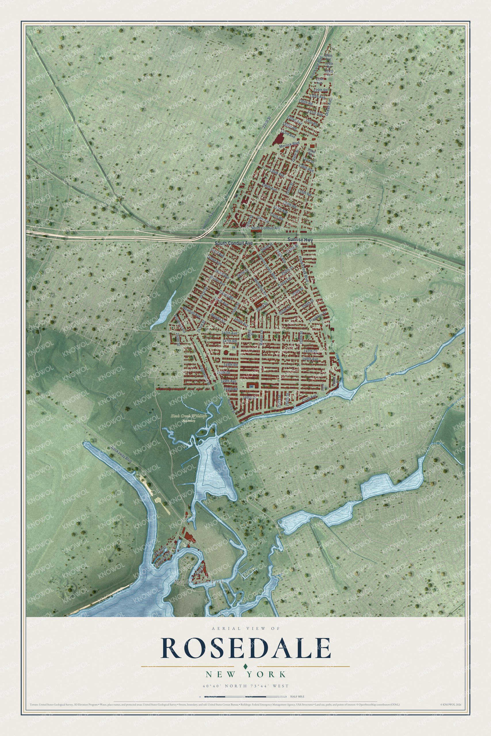 Full map of Rosedale, New York, with red buildings, printed street names and the land around them