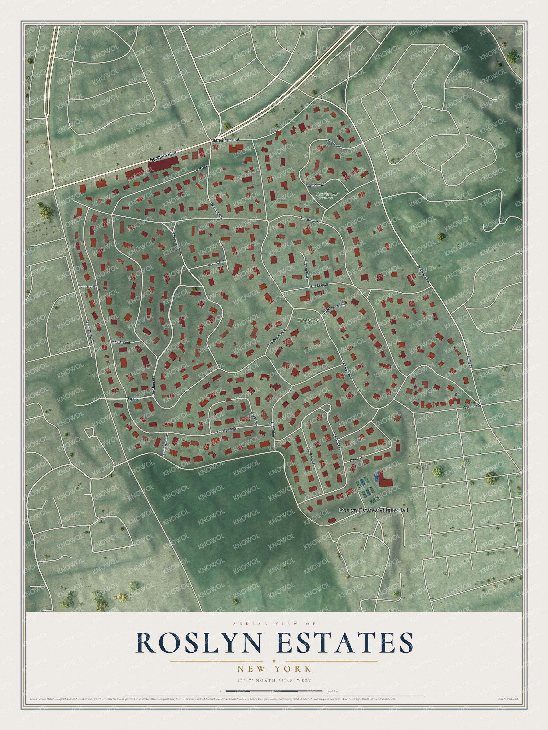 Full map of Roslyn Estates, New York, with red buildings, printed street names and the land around them