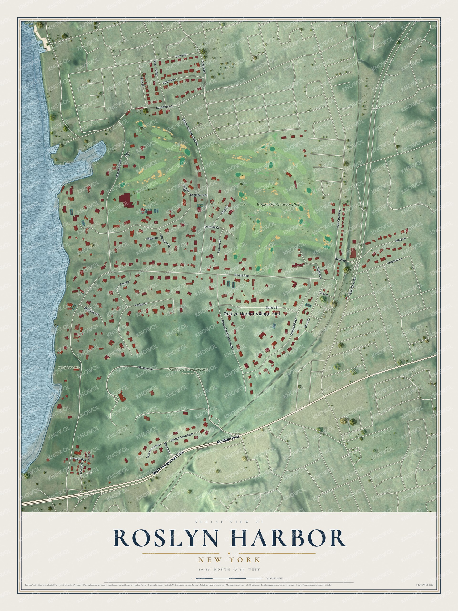 Full map of Roslyn Harbor, New York, with red buildings, printed street names and the land around them