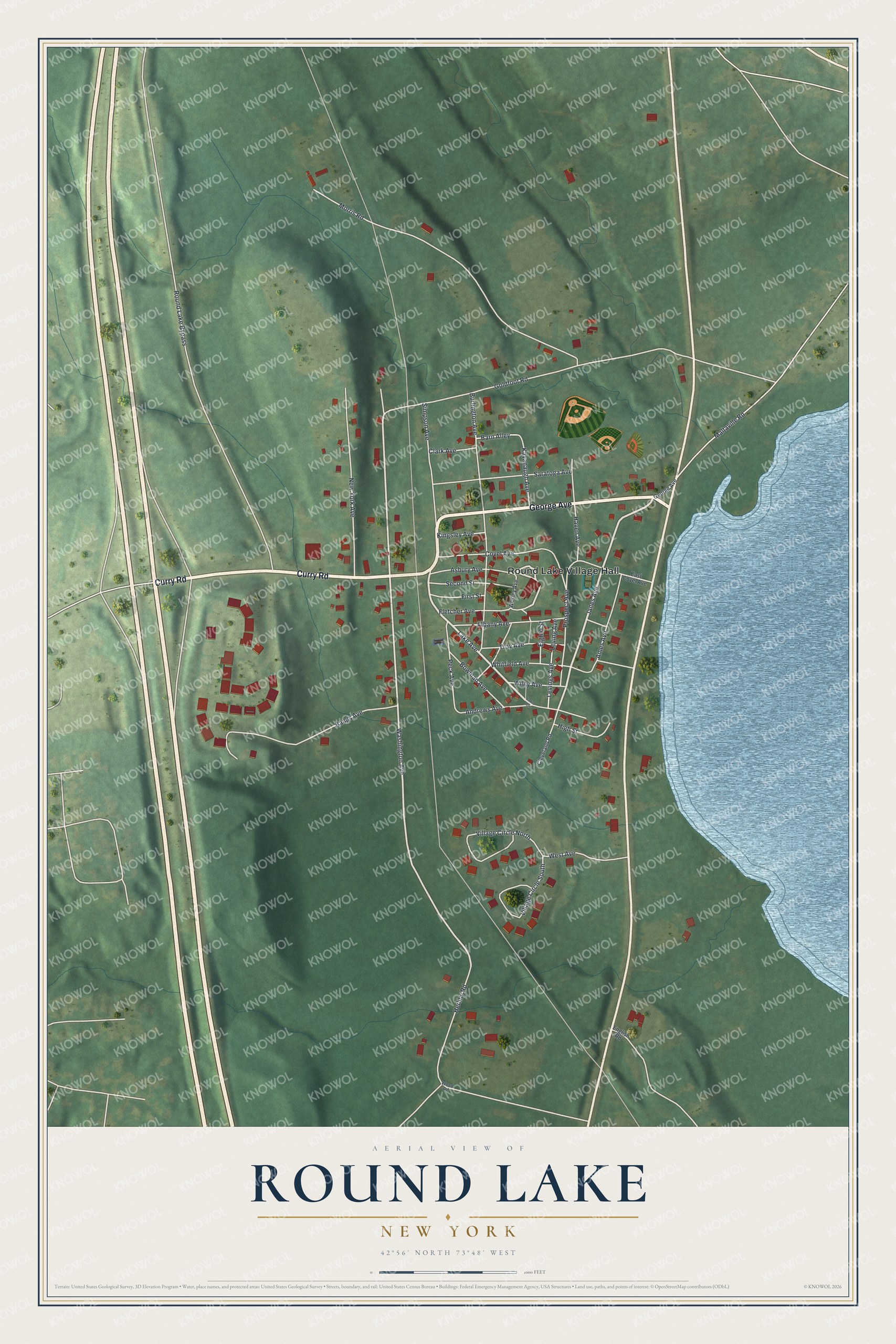 Full map of Round Lake, New York, with red buildings, printed street names and the land around them