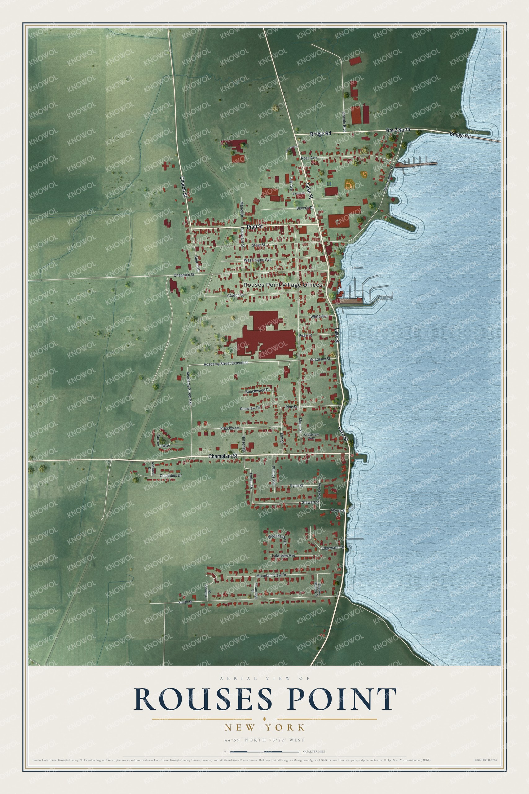 Full map of Rouses Point, New York, with red buildings, printed street names and the land around them