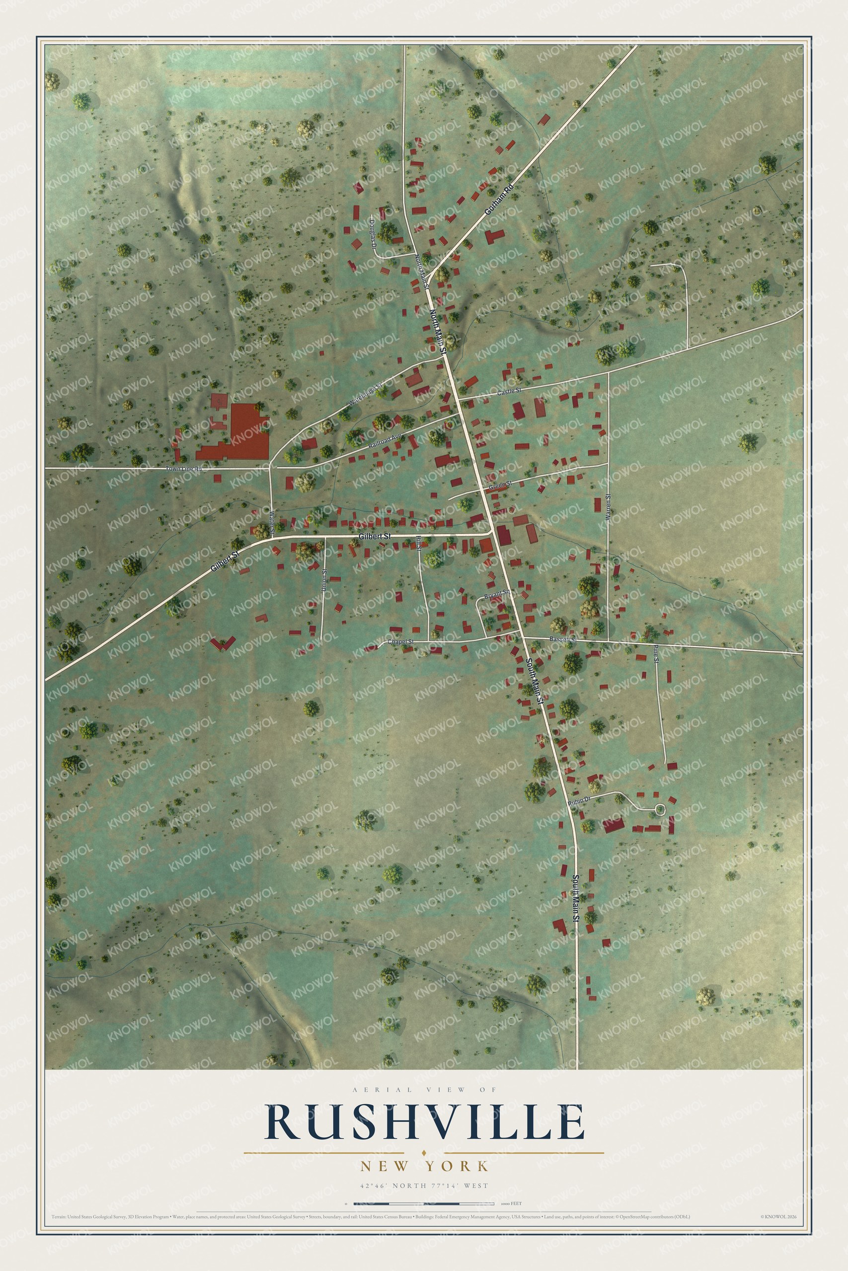 Full map of Rushville, New York, with red buildings, printed street names and the land around them