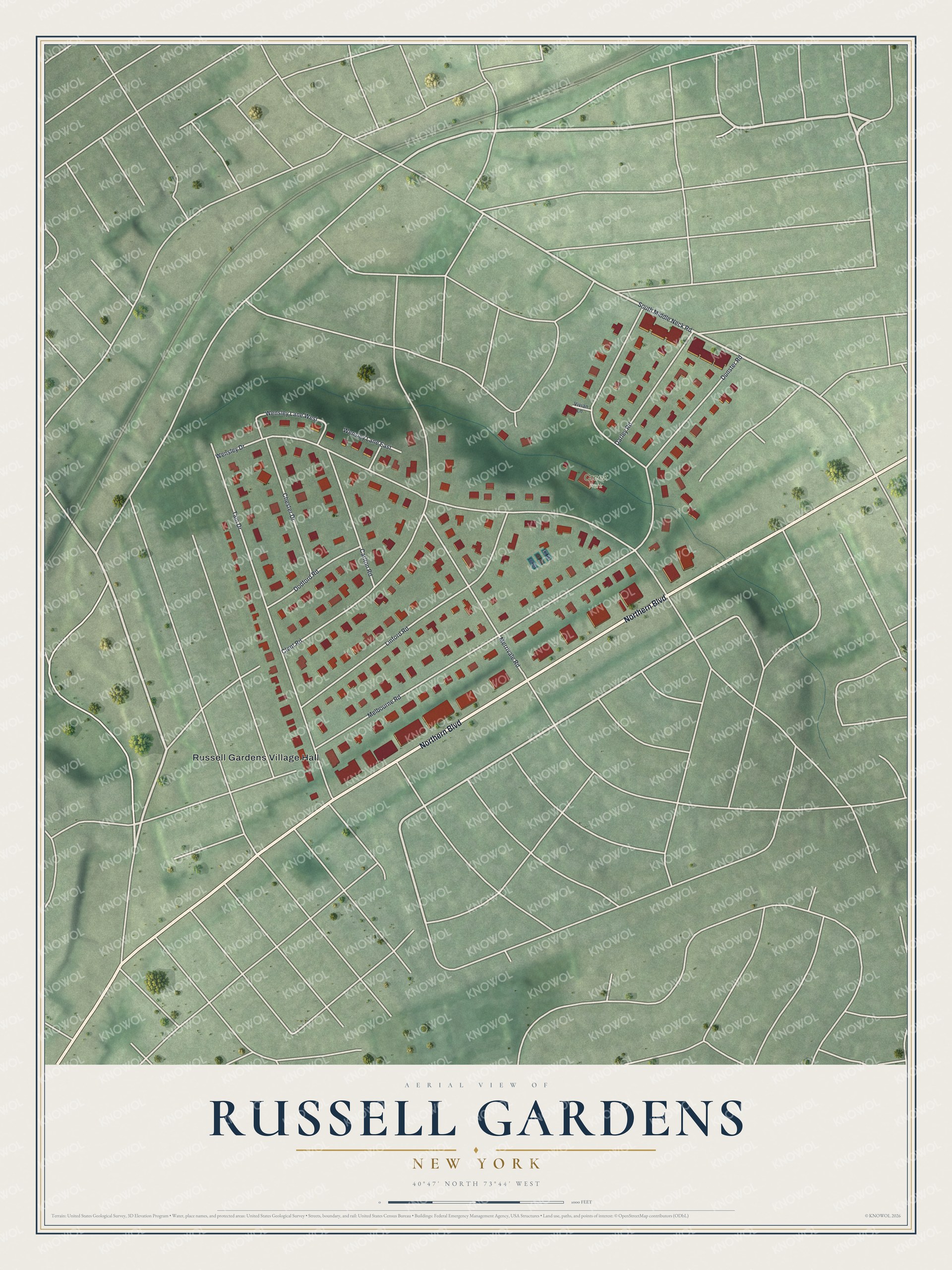 Full map of Russell Gardens, New York, with red buildings, printed street names and the land around them