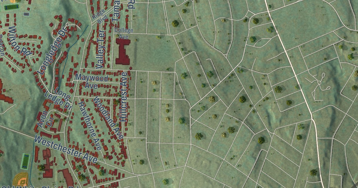 Close-up of streets and buildings in Rye Brook, New York