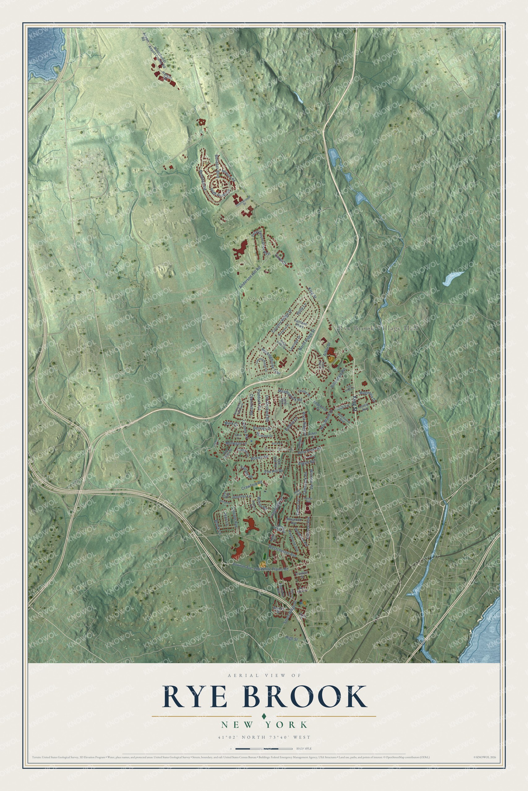 Detailed map of Rye Brook, New York, showing streets and buildings