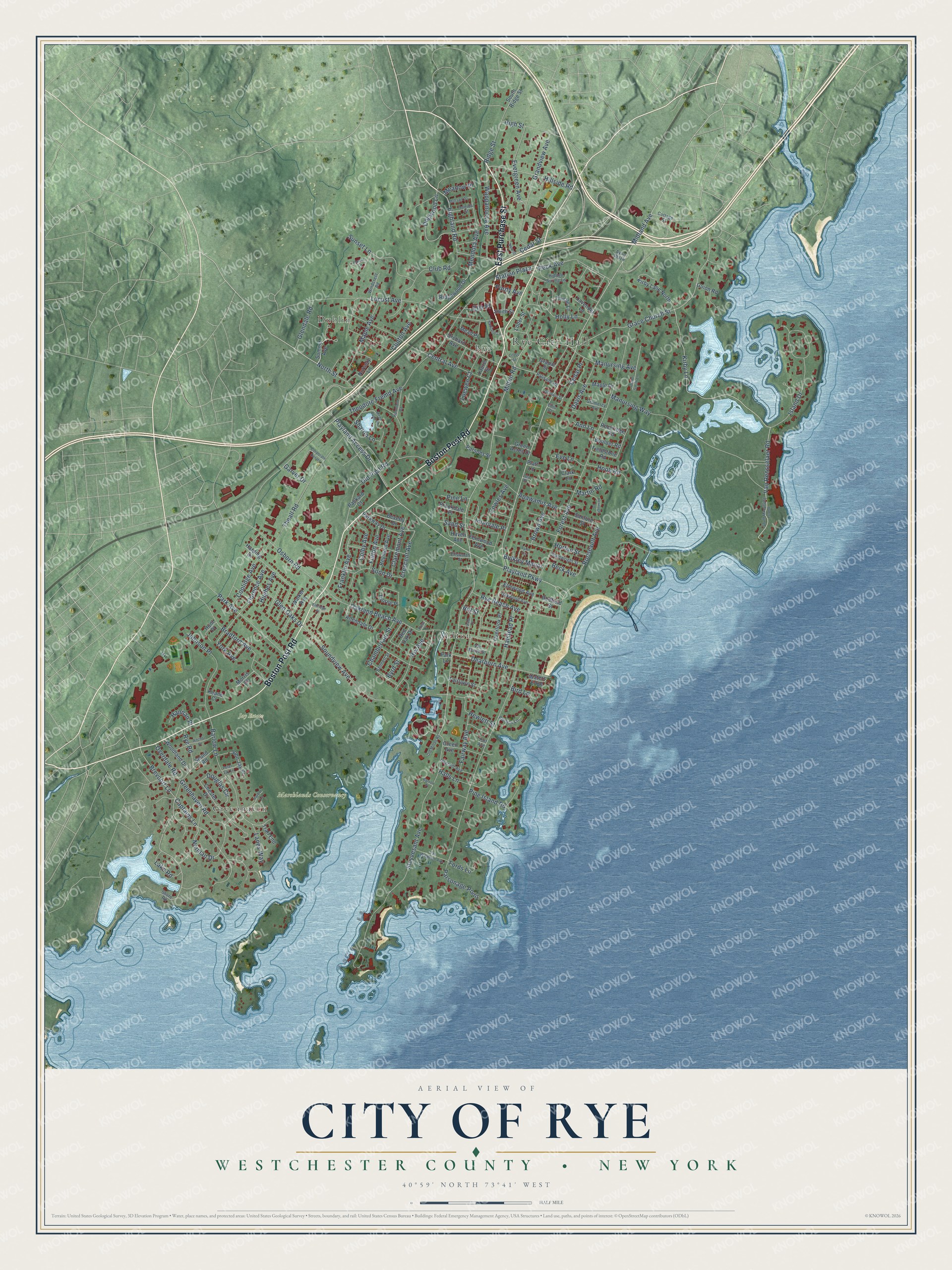 Detailed map of the City of Rye, Westchester County, New York, showing streets, buildings, neighborhoods, beaches, and parks