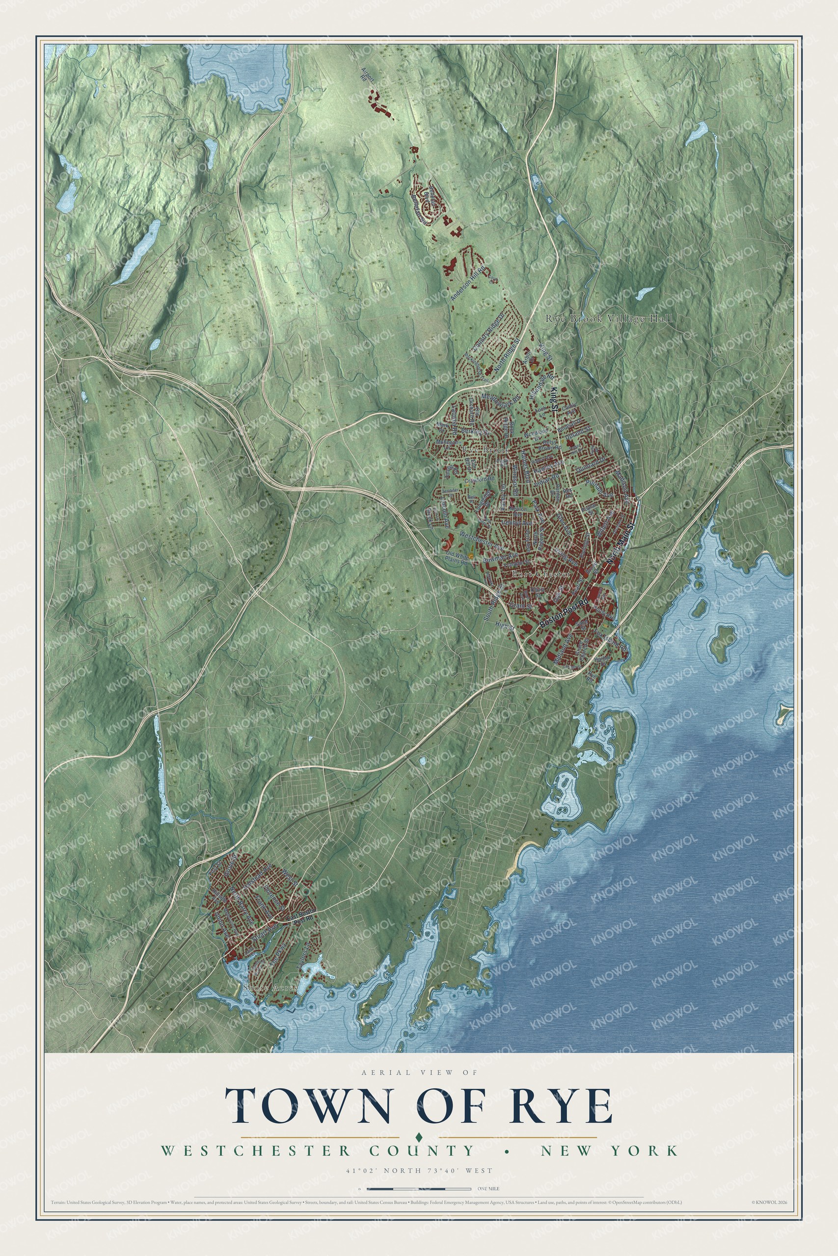 Detailed map of the Town of Rye, Westchester County, New York, showing streets, buildings, neighborhoods, and beaches