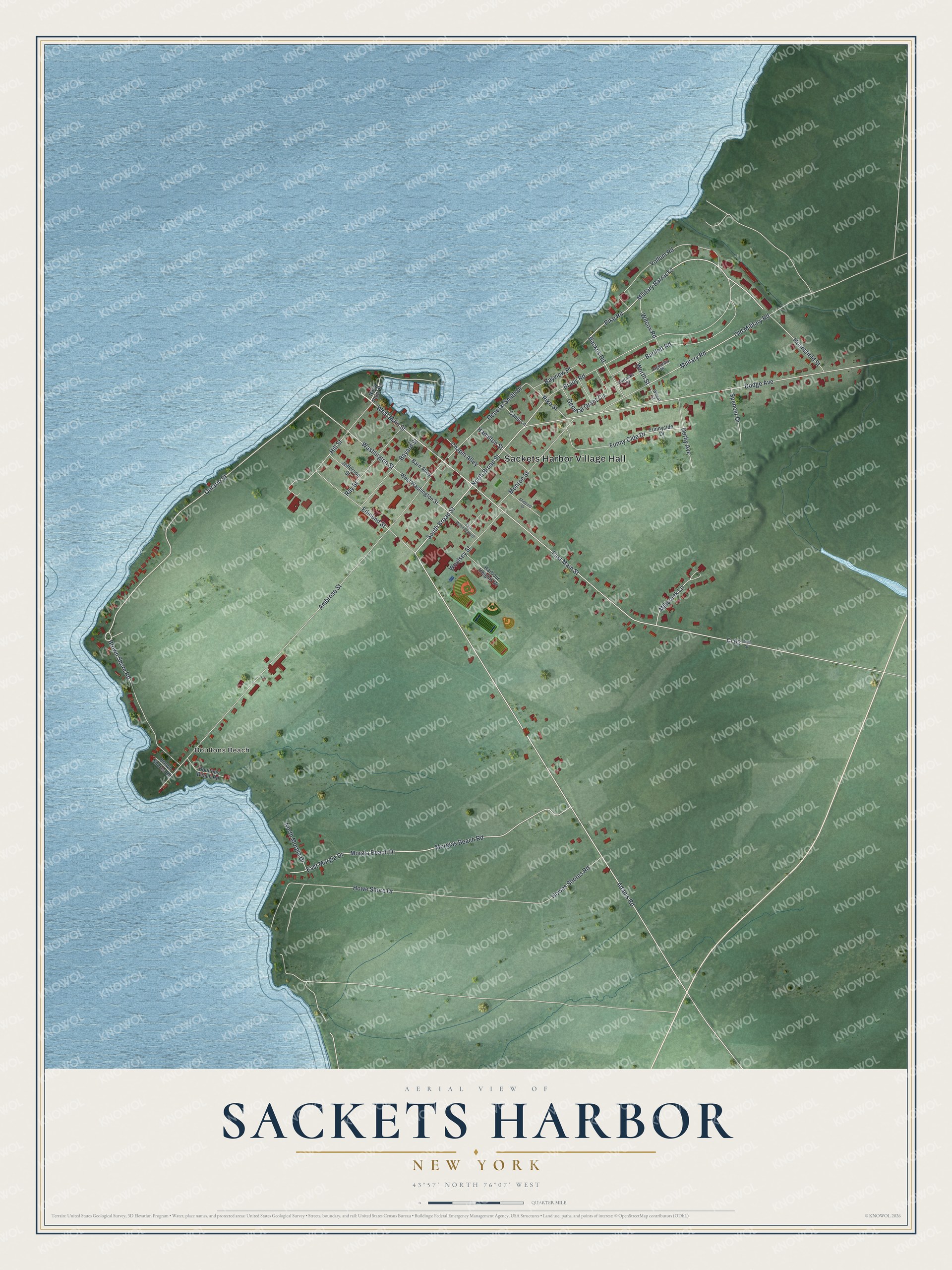 Full map of Sackets Harbor, New York, with red buildings, printed street names and the land around them